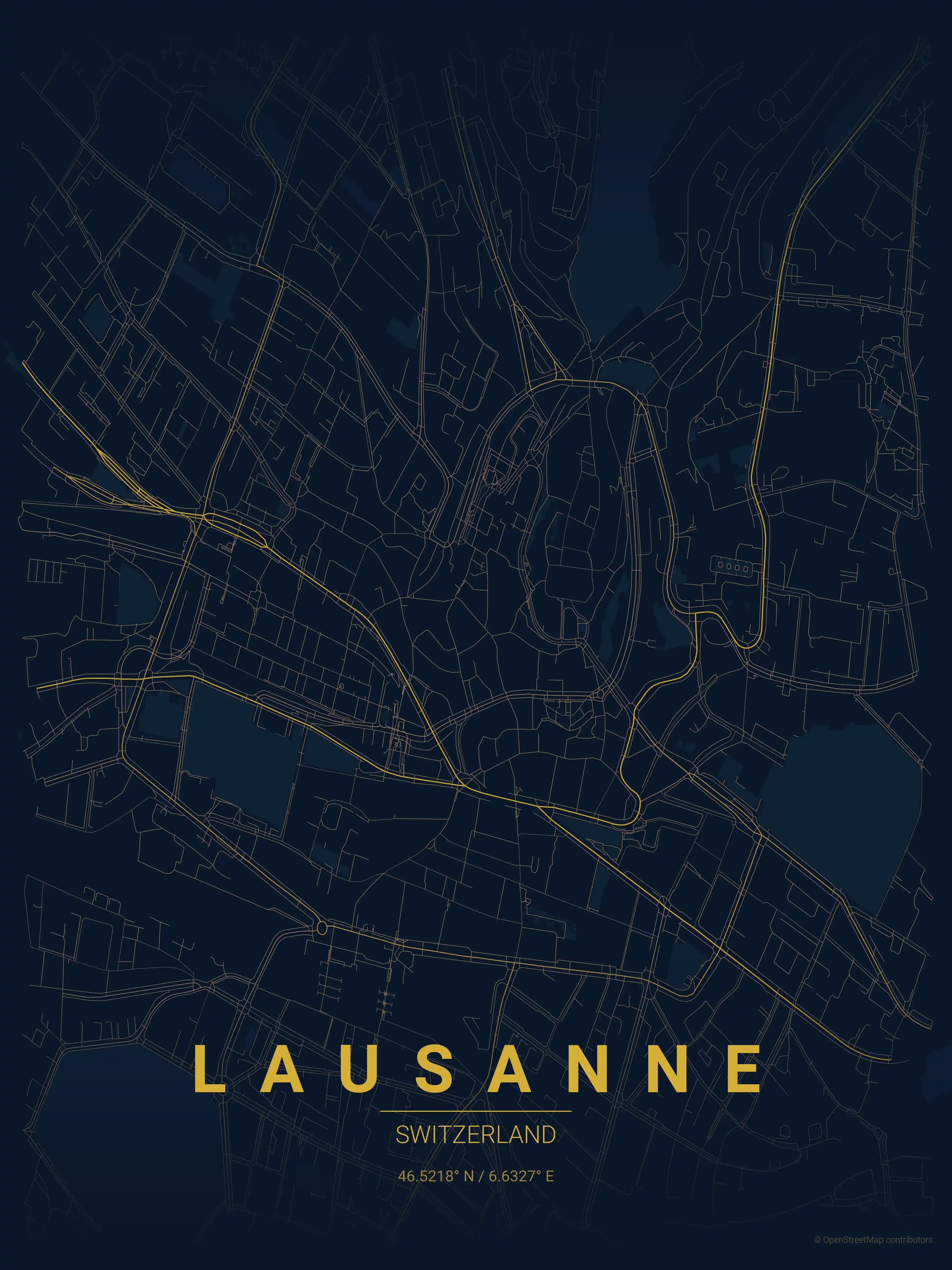Minimalist midnight_blue street map of Lausanne, Switzerland - Urban grid art
