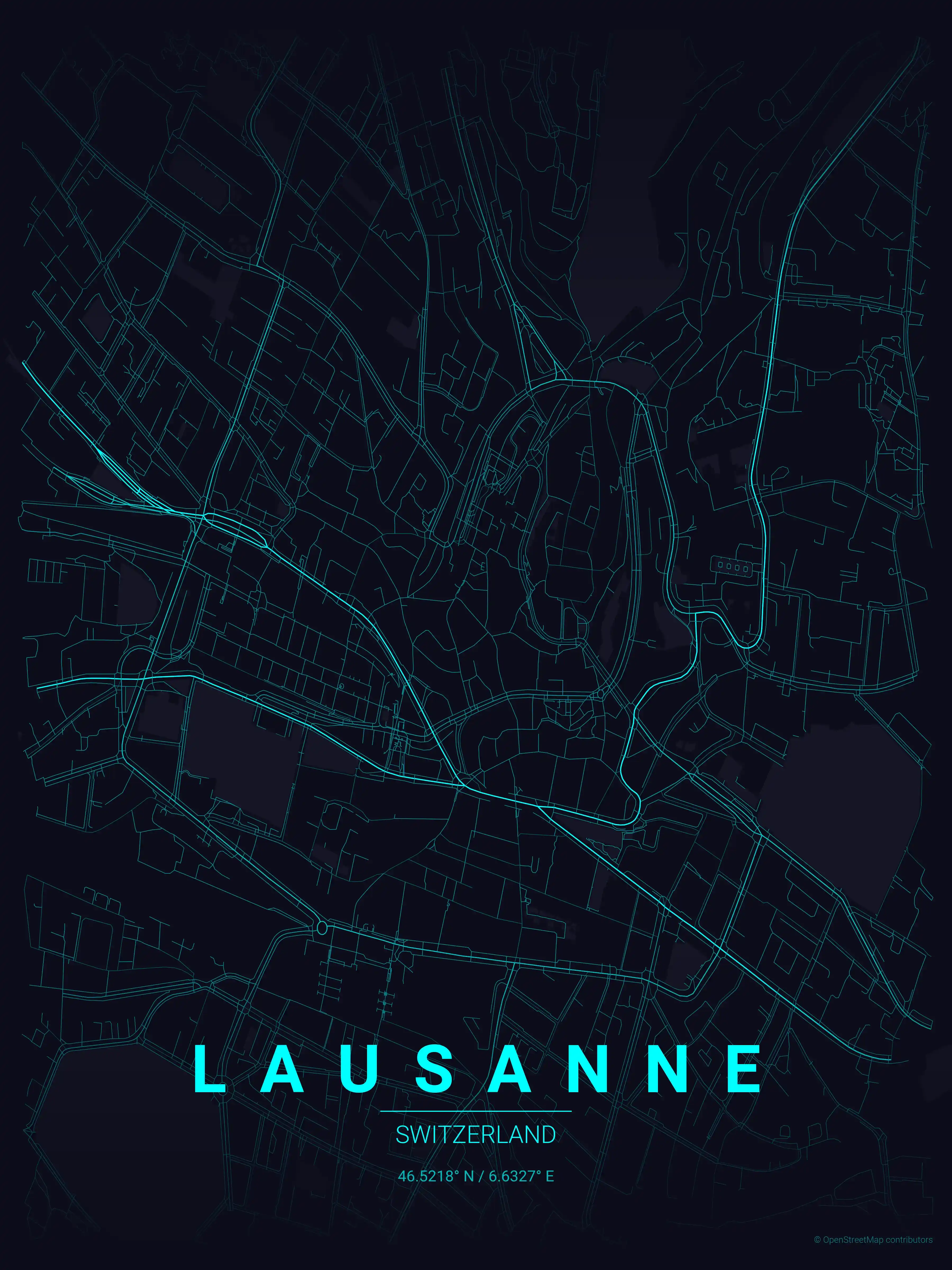 Minimalist neon_cyberpunk street map of Lausanne, Switzerland - Urban grid art