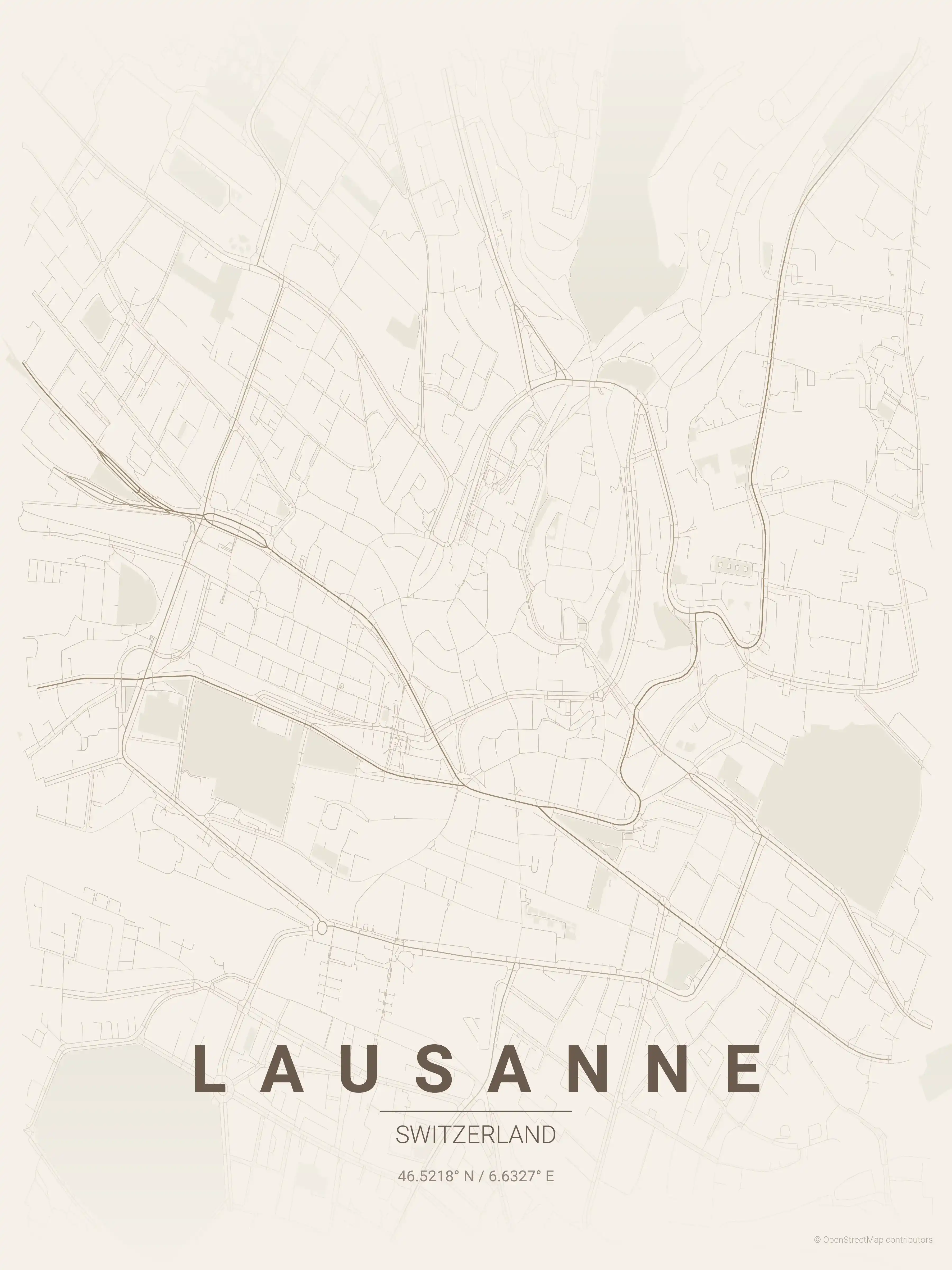 Minimalist warm_beige street map of Lausanne, Switzerland - Urban grid art