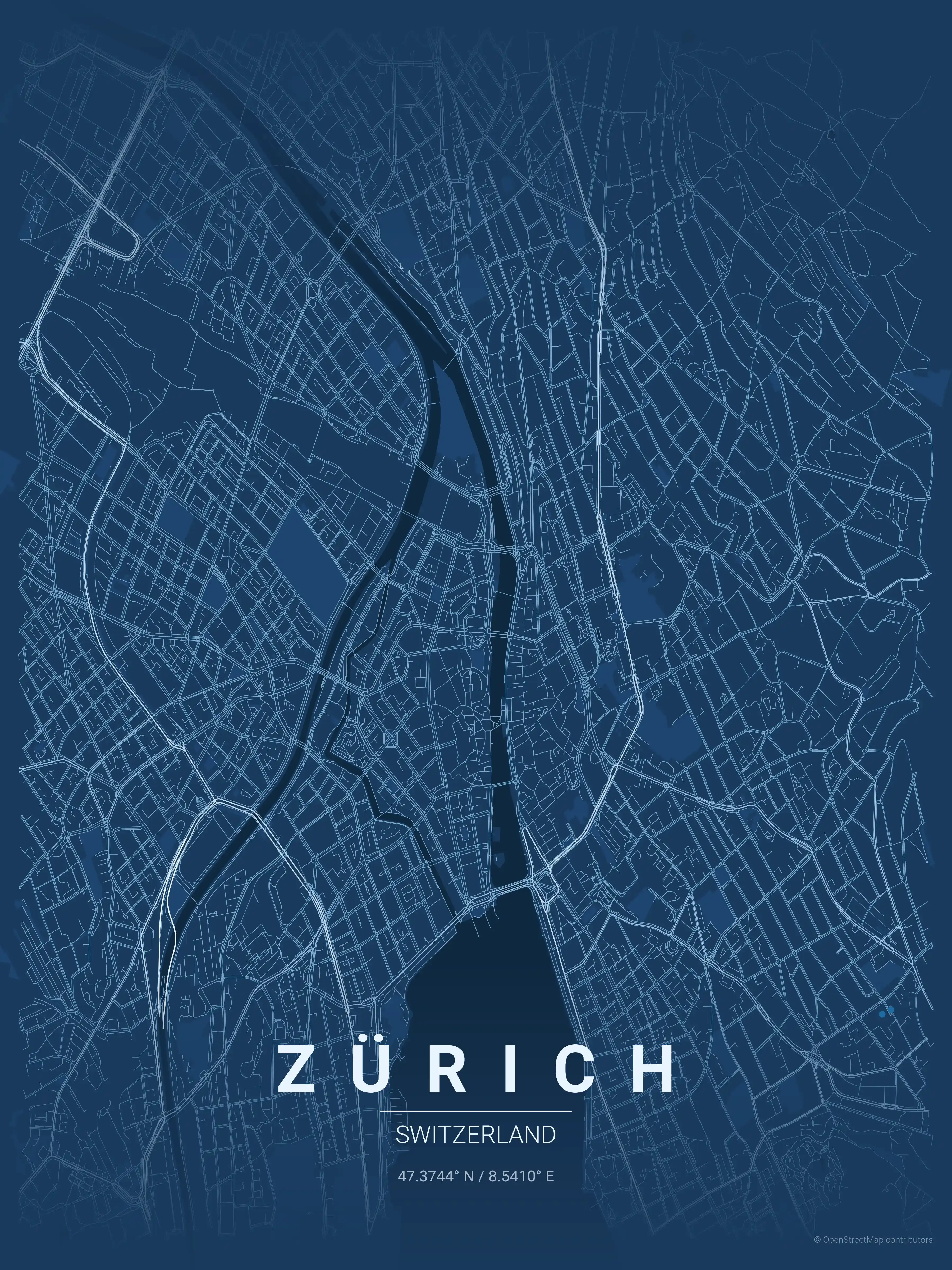 Minimalist blueprint street map of Zürich, Switzerland - Urban grid art