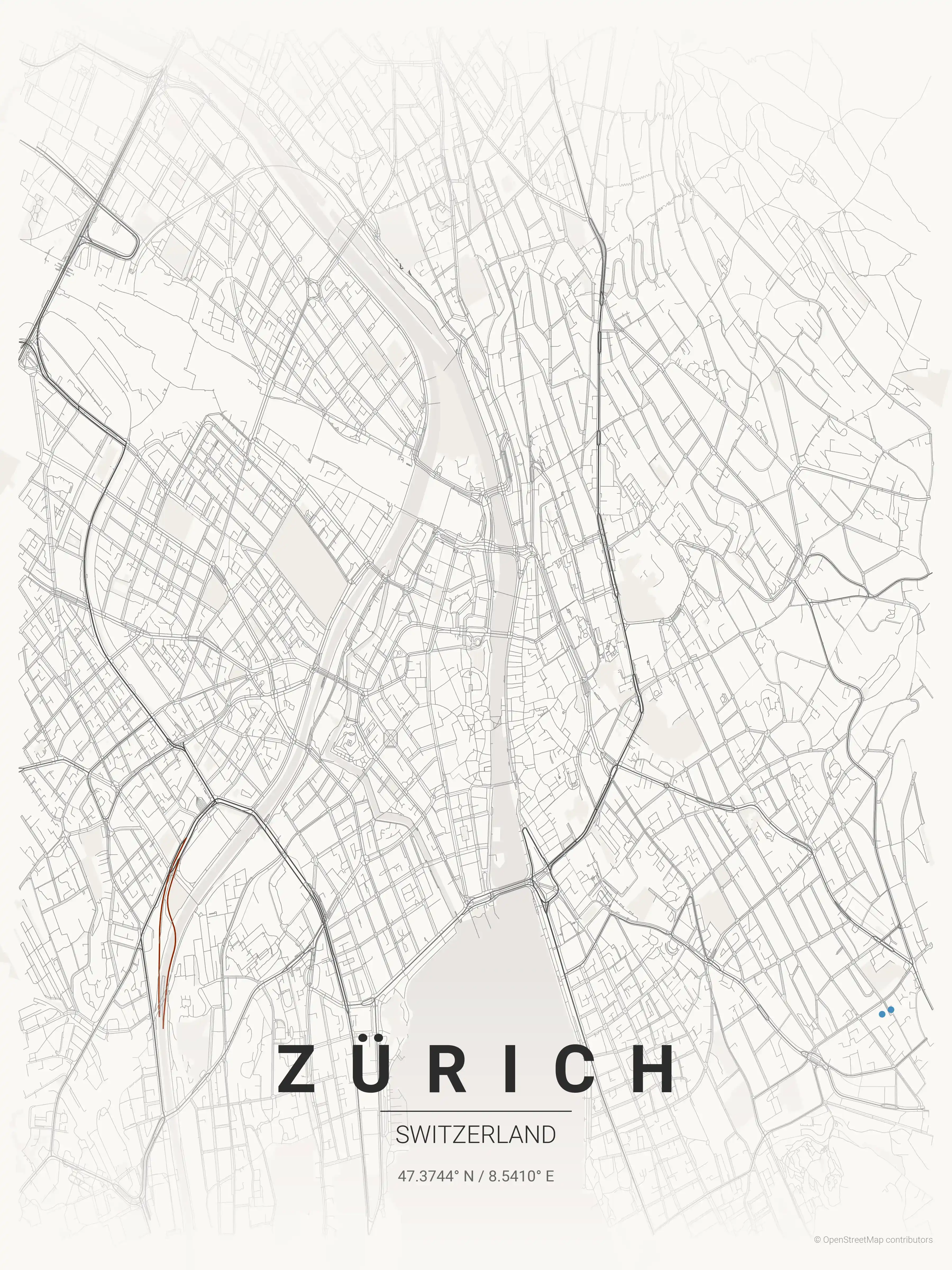 Minimalist japanese_ink street map of Zürich, Switzerland - Urban grid art