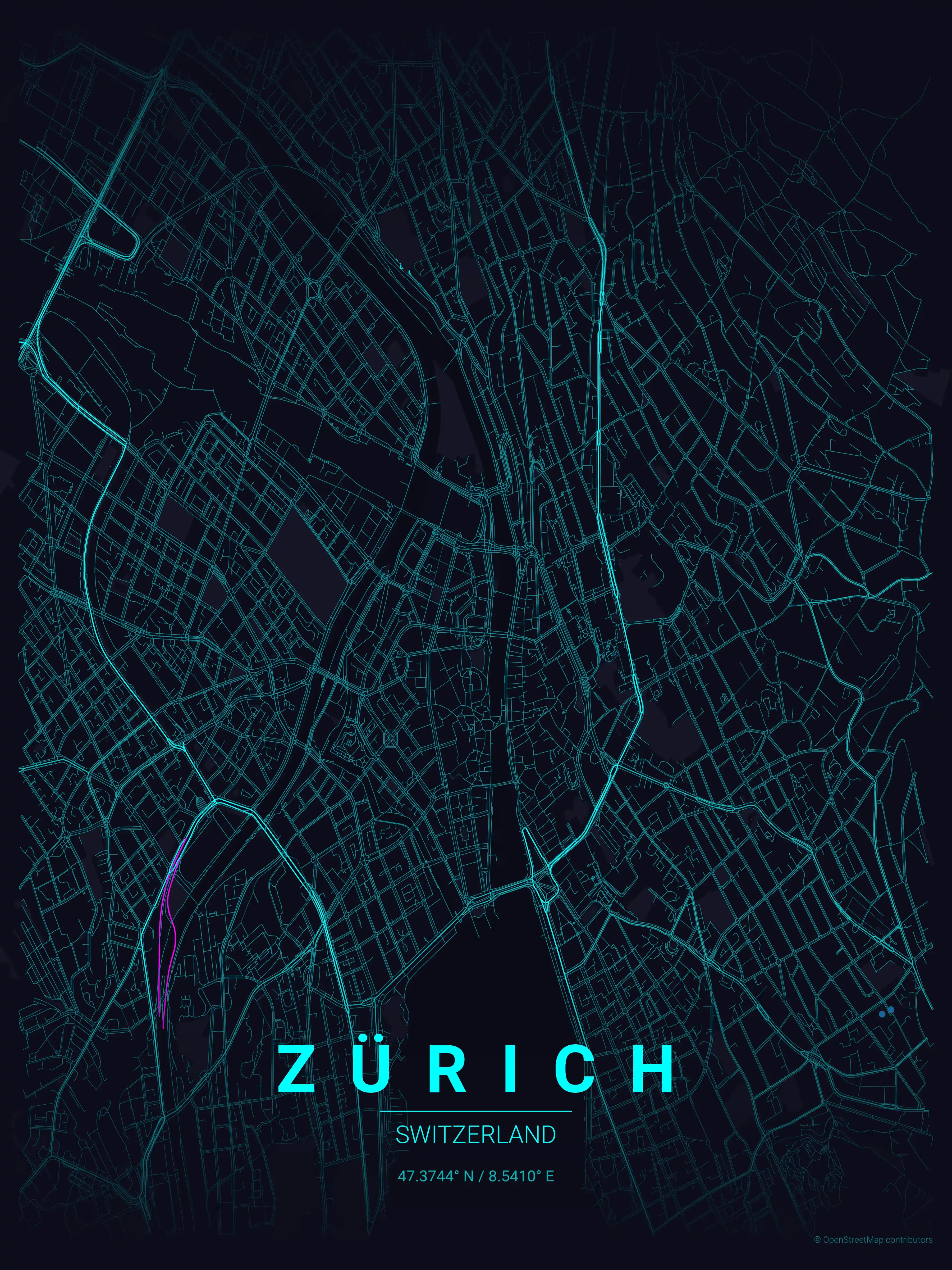 Minimalist neon_cyberpunk street map of Zürich, Switzerland - Urban grid art