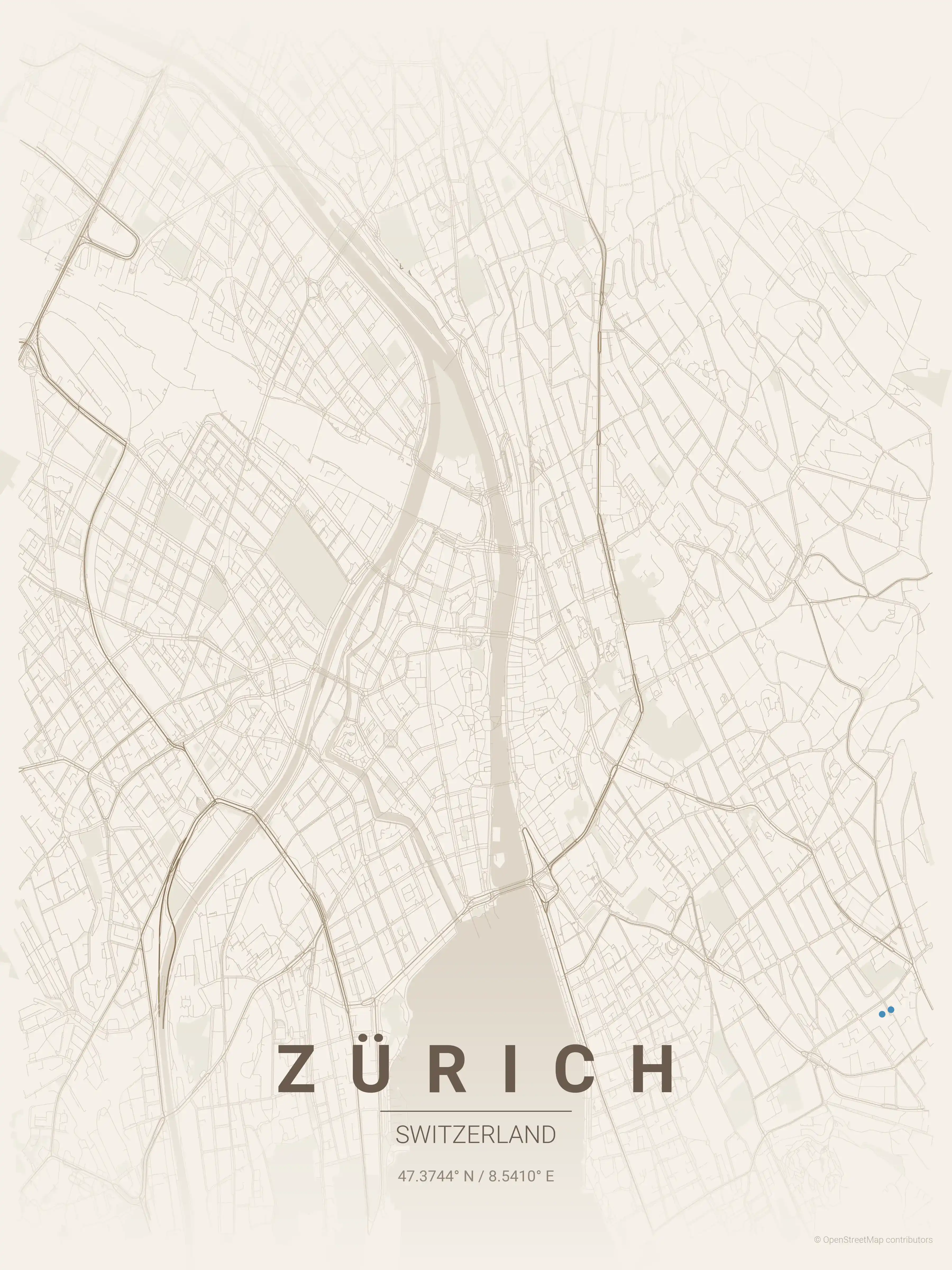 Minimalist warm_beige street map of Zürich, Switzerland - Urban grid art