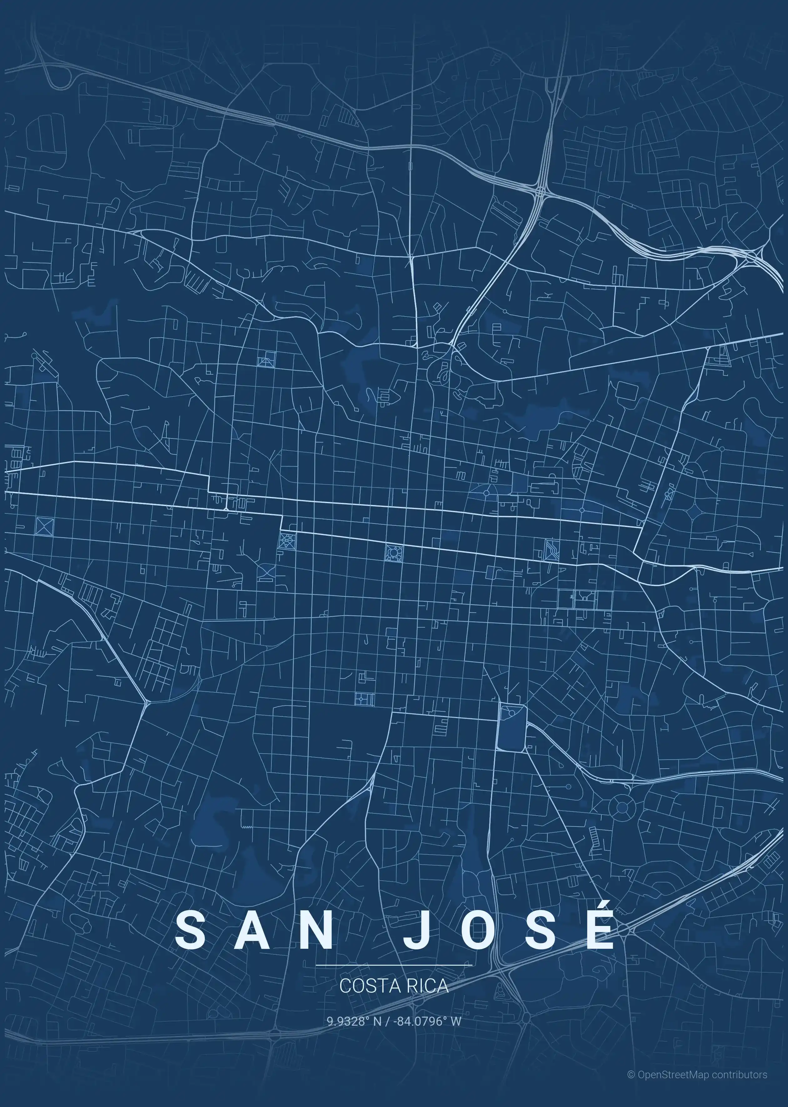 Minimalist blueprint street map of San José, Costa Rica - Urban grid art