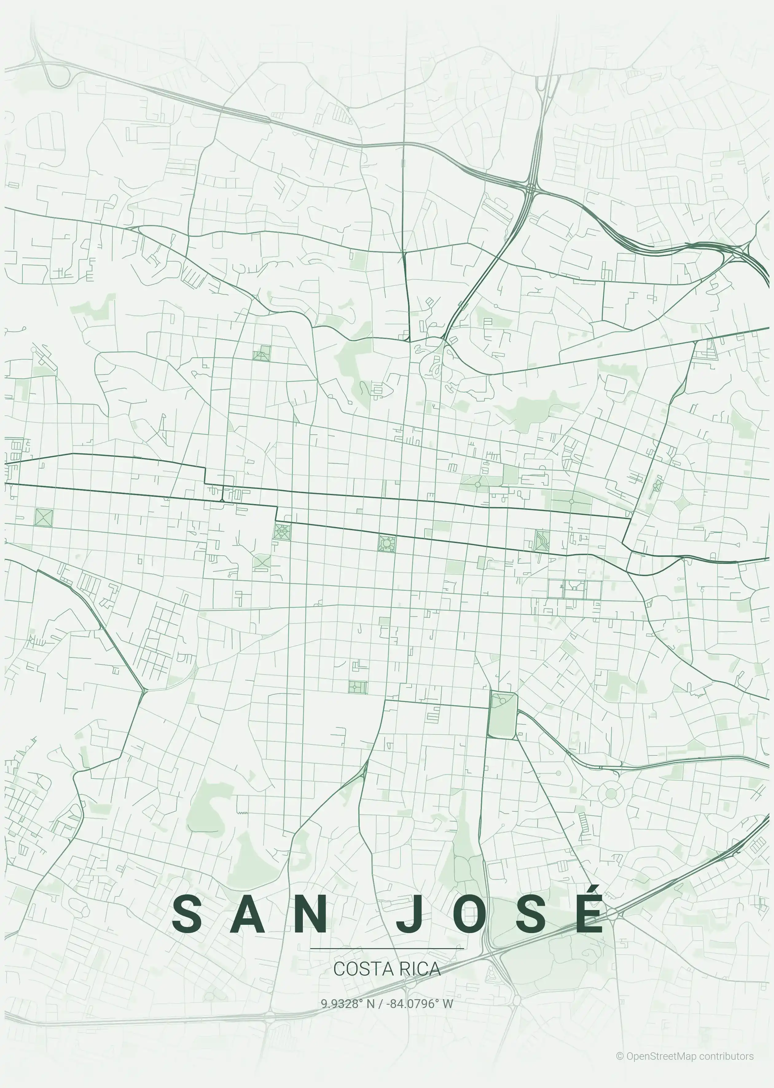 Minimalist forest street map of San José, Costa Rica - Urban grid art