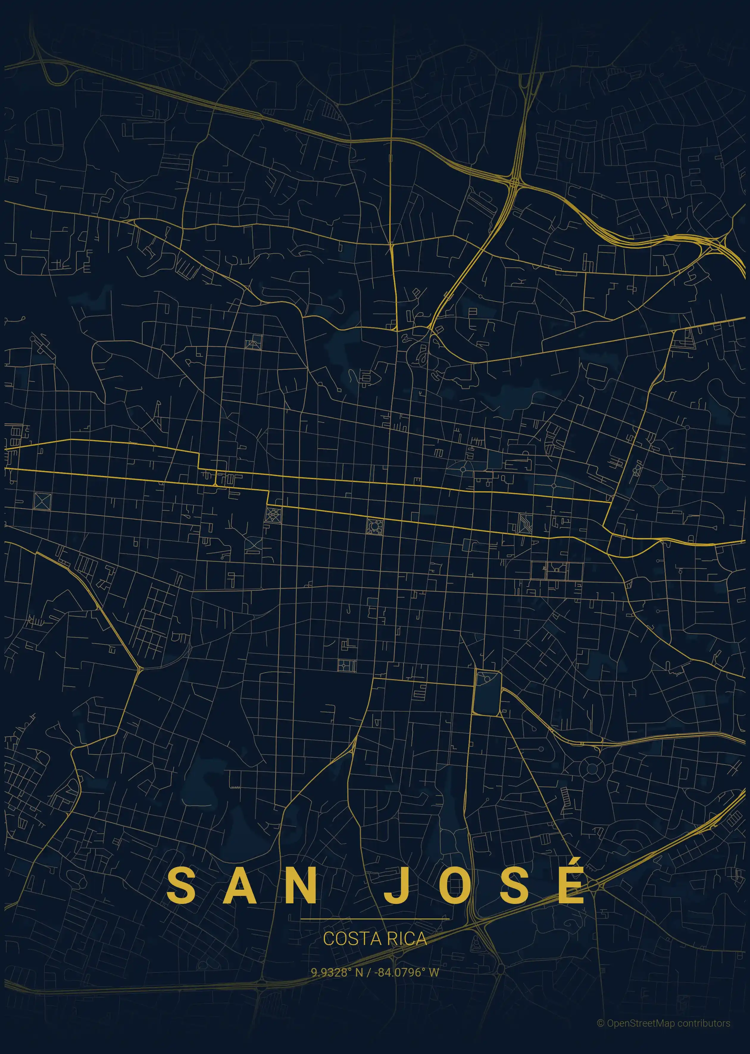 Minimalist midnight_blue street map of San José, Costa Rica - Urban grid art