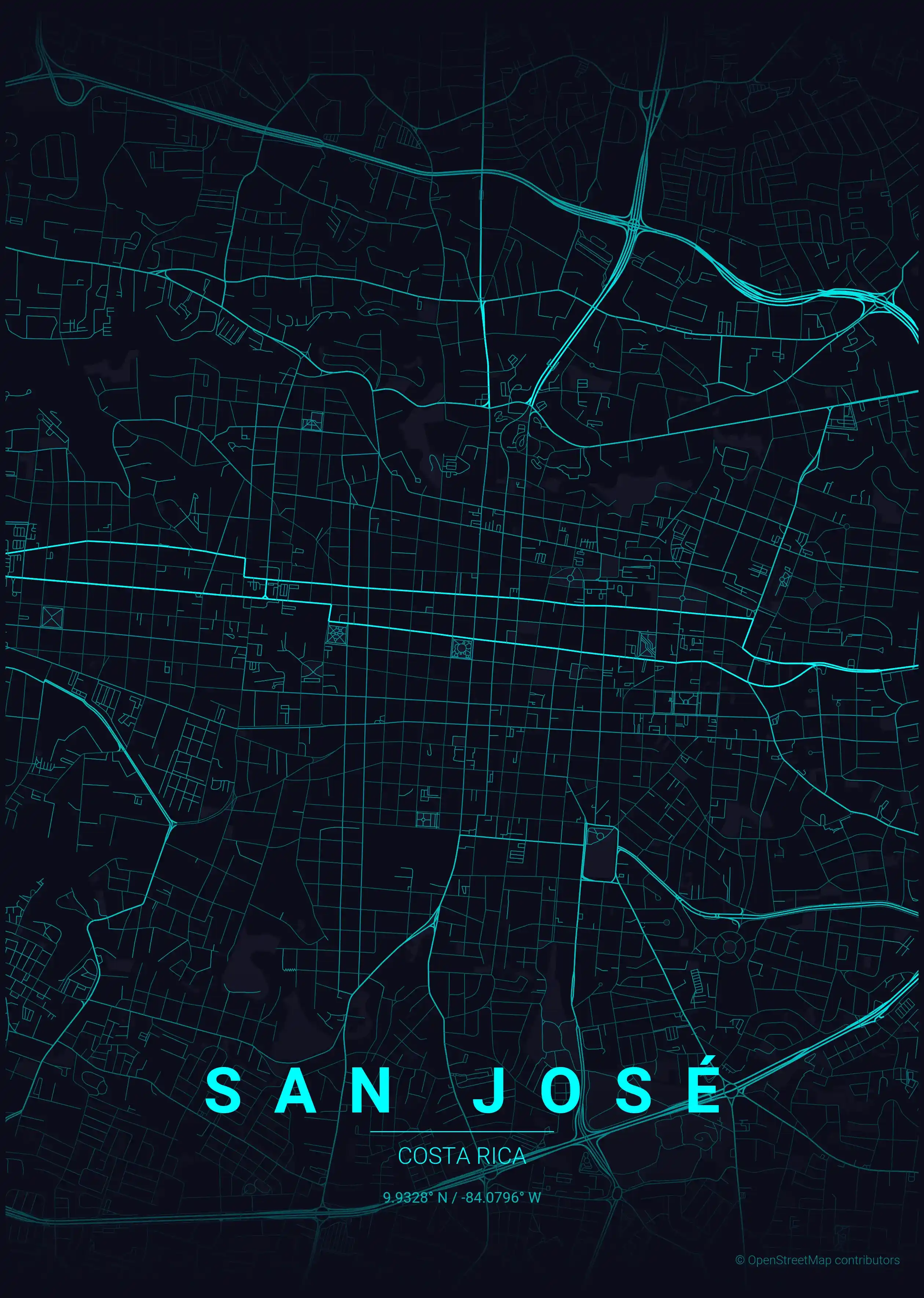 Minimalist neon_cyberpunk street map of San José, Costa Rica - Urban grid art