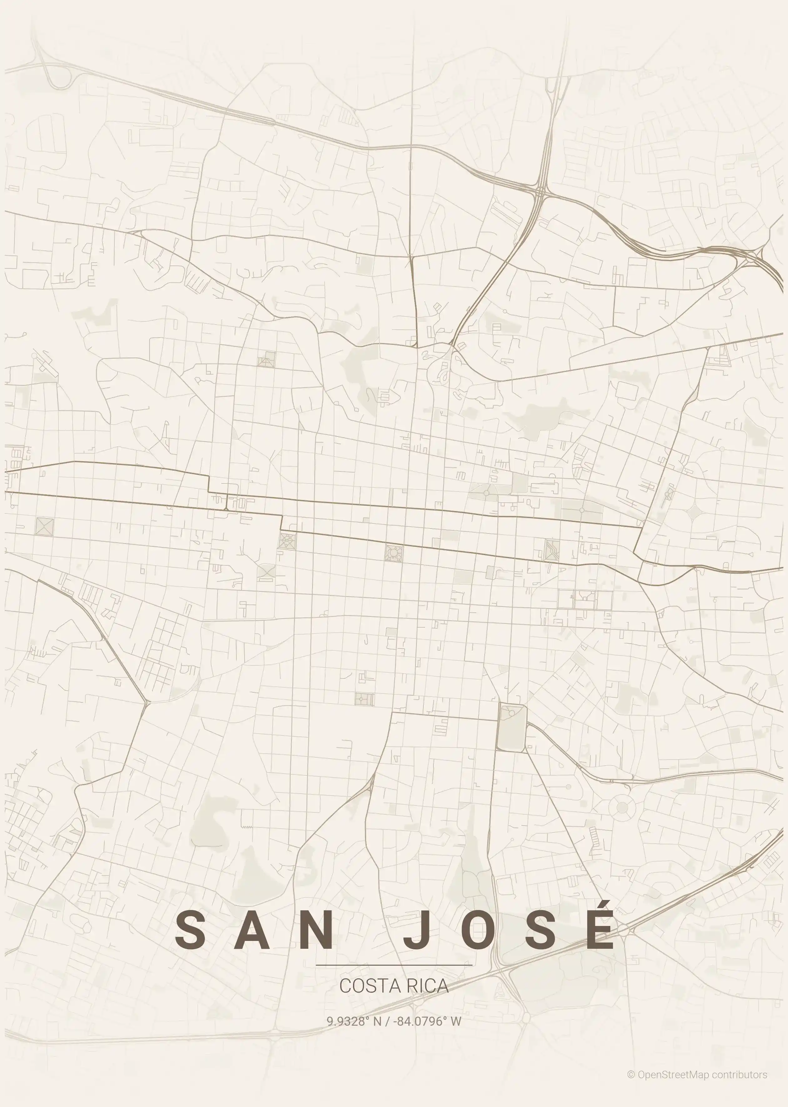 Minimalist warm_beige street map of San José, Costa Rica - Urban grid art