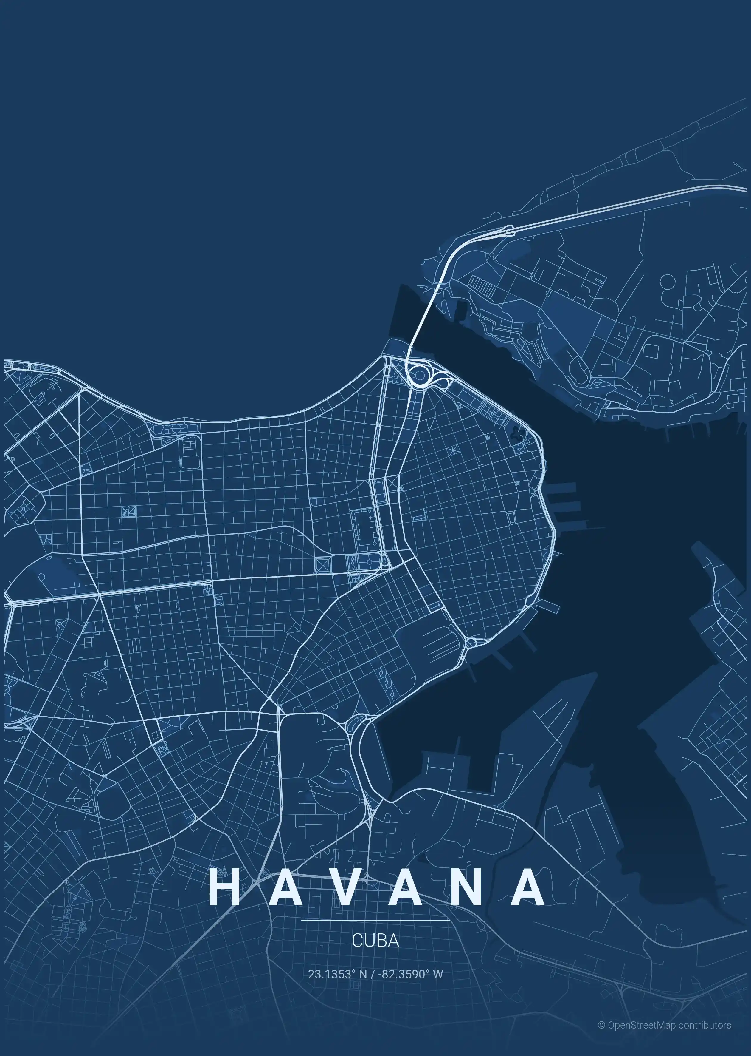 Minimalist blueprint street map of Havana, Cuba - Urban grid art