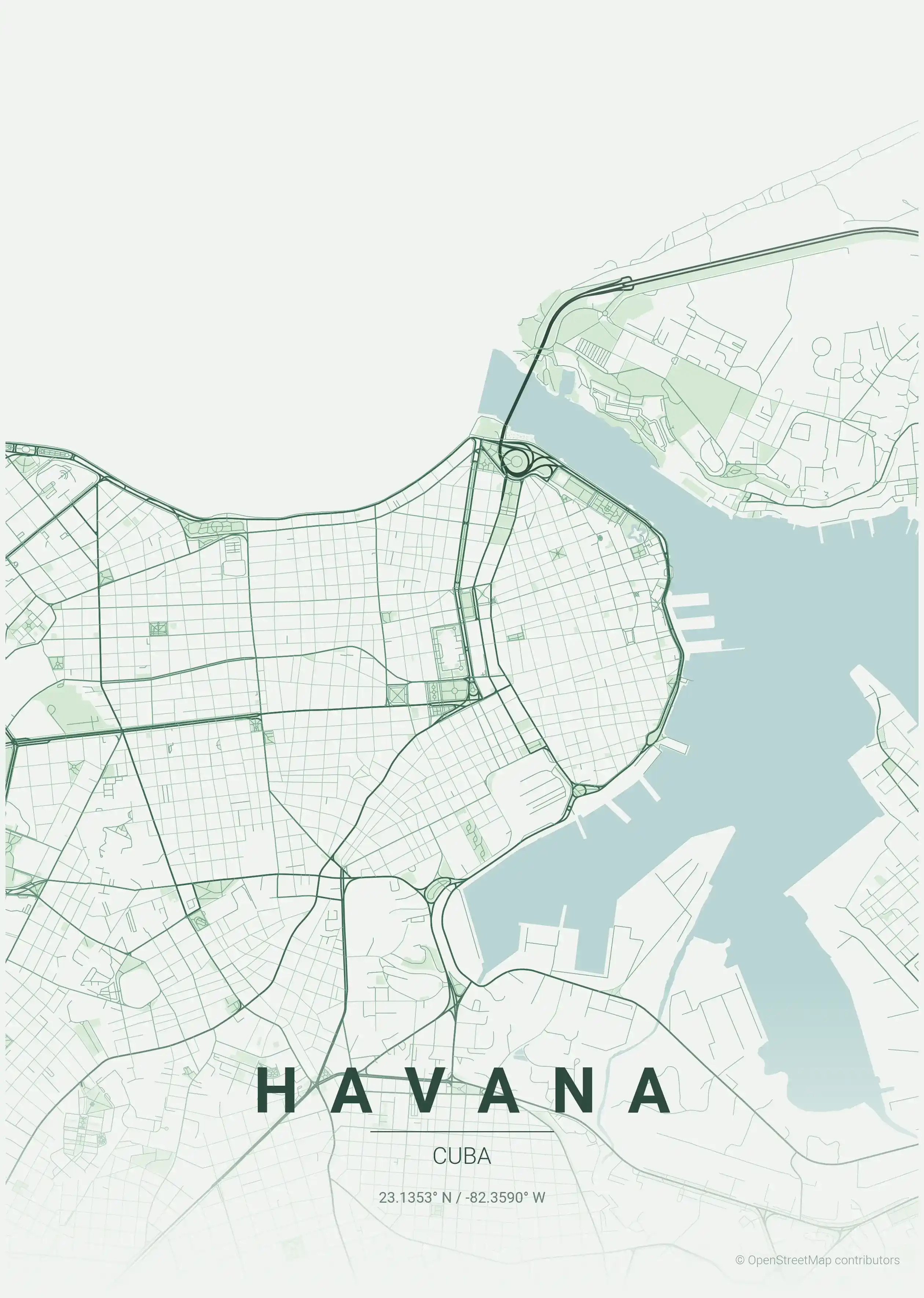Minimalist forest street map of Havana, Cuba - Urban grid art