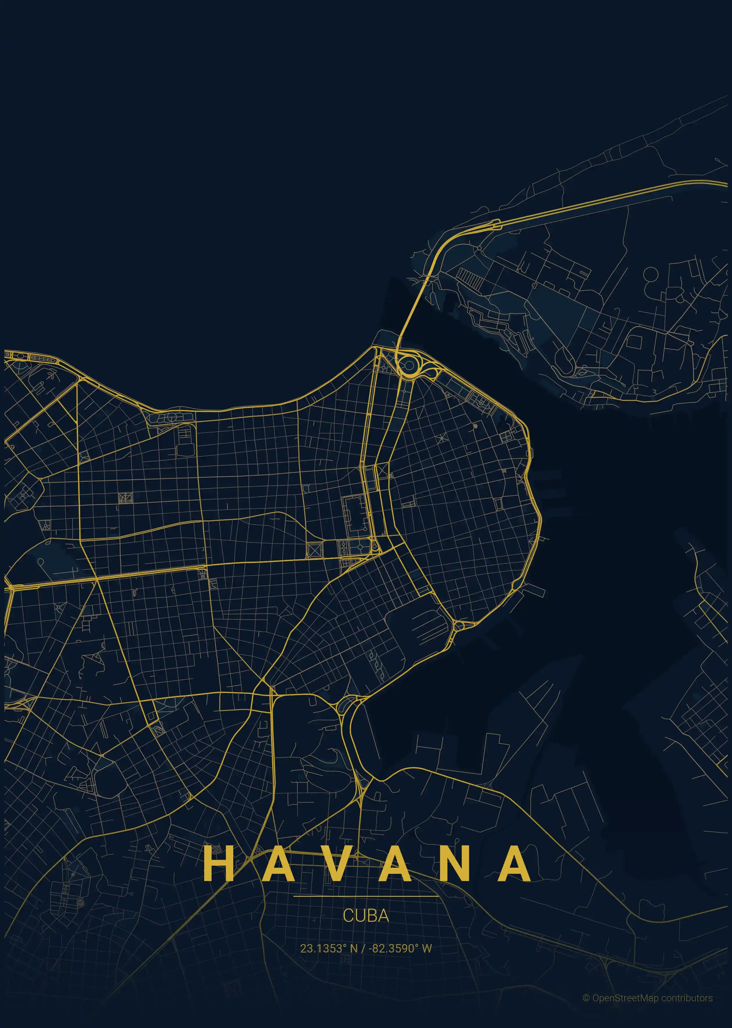 Minimalist midnight_blue street map of Havana, Cuba - Urban grid art
