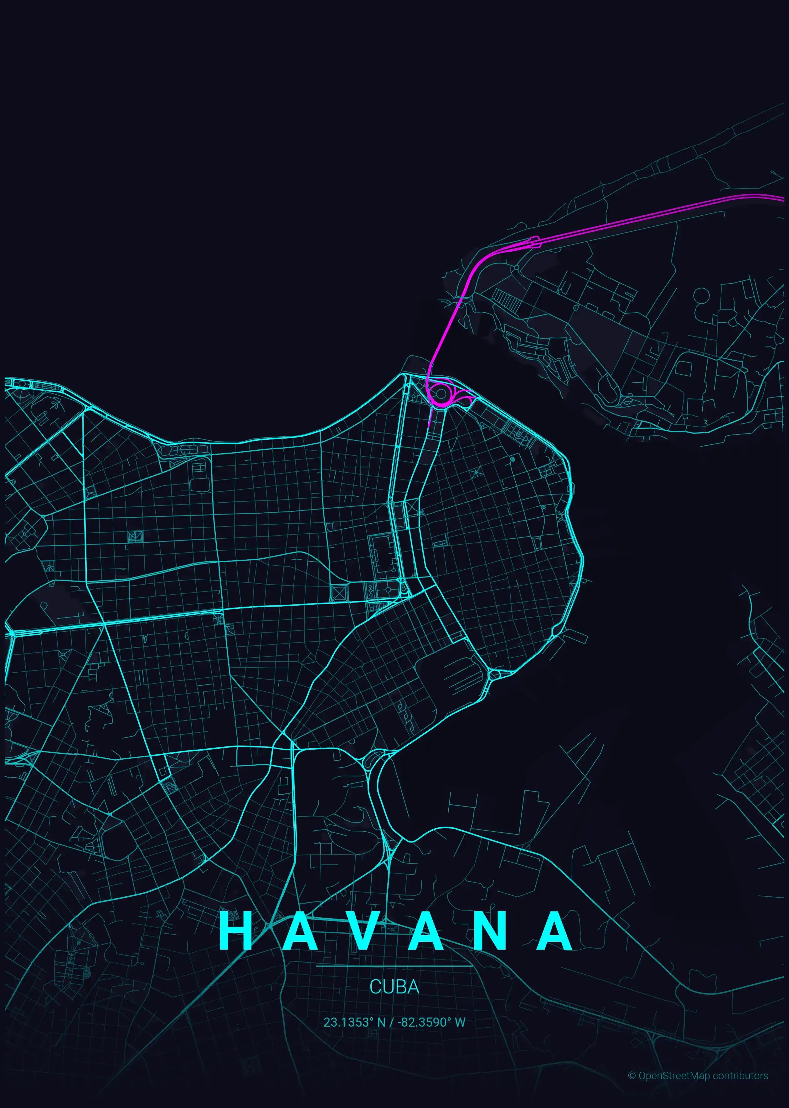 Minimalist neon_cyberpunk street map of Havana, Cuba - Urban grid art