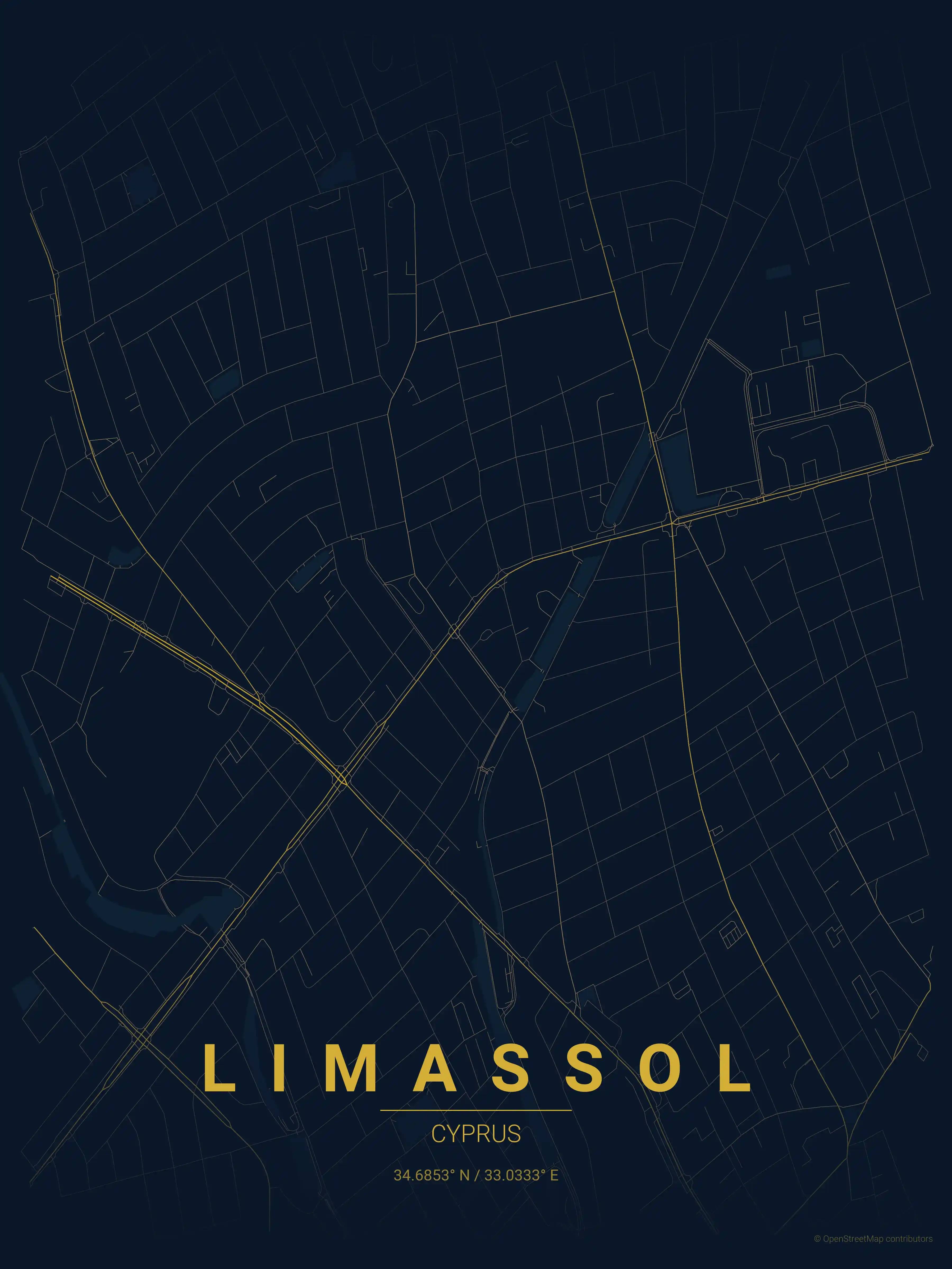 Minimalist midnight_blue street map of Limassol, Cyprus - Urban grid art