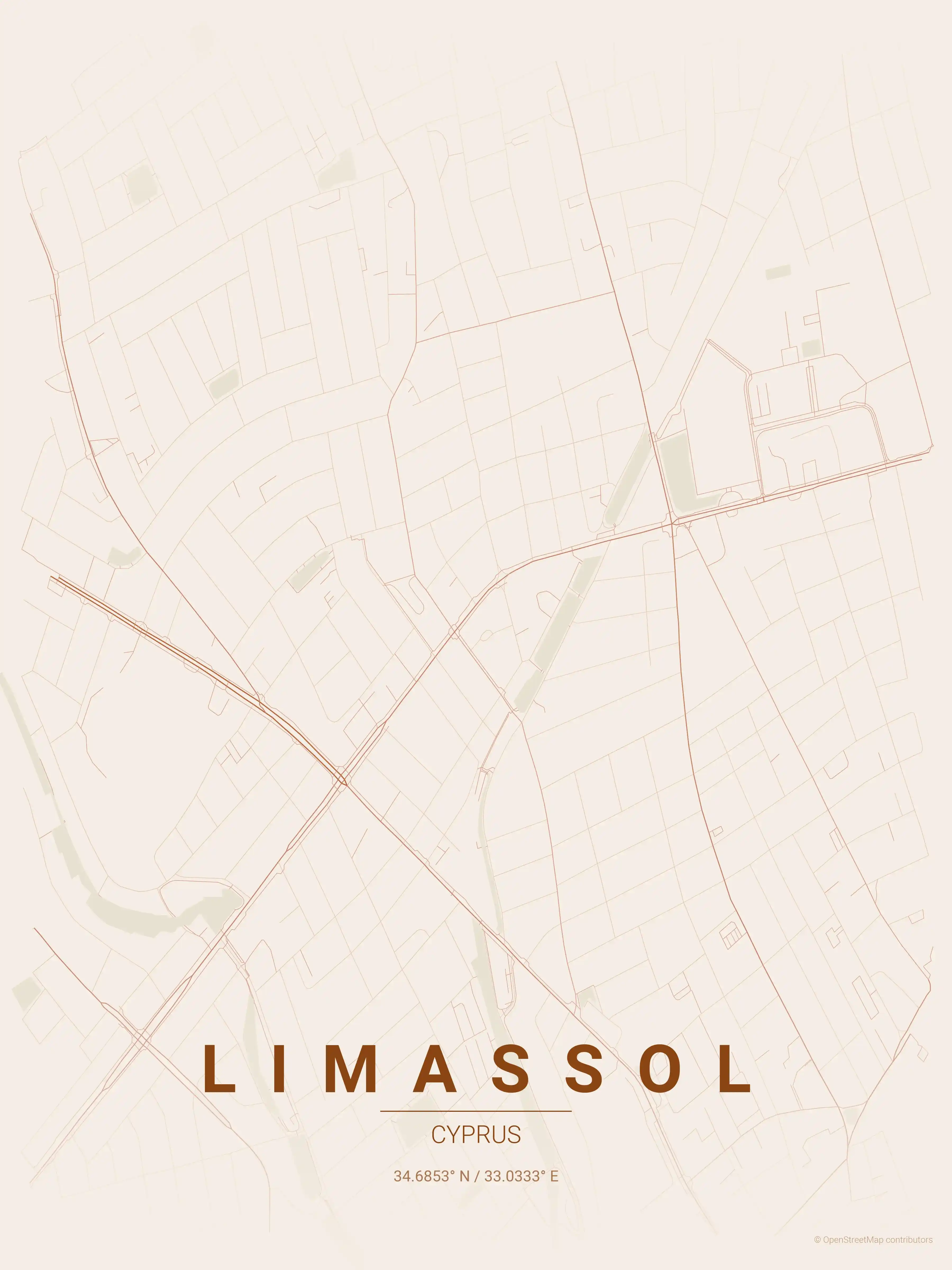 Minimalist terracotta street map of Limassol, Cyprus - Urban grid art