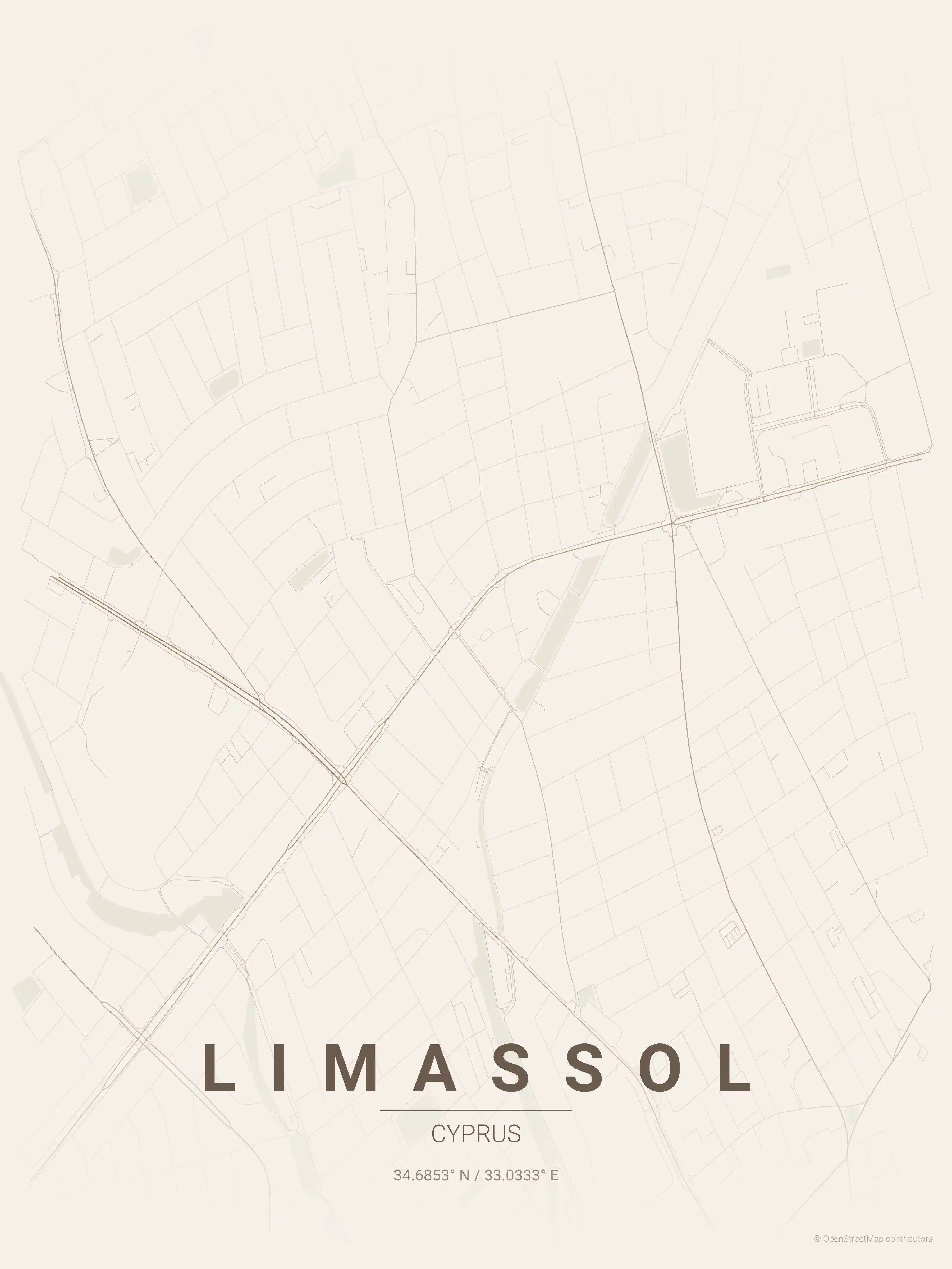 Minimalist warm_beige street map of Limassol, Cyprus - Urban grid art