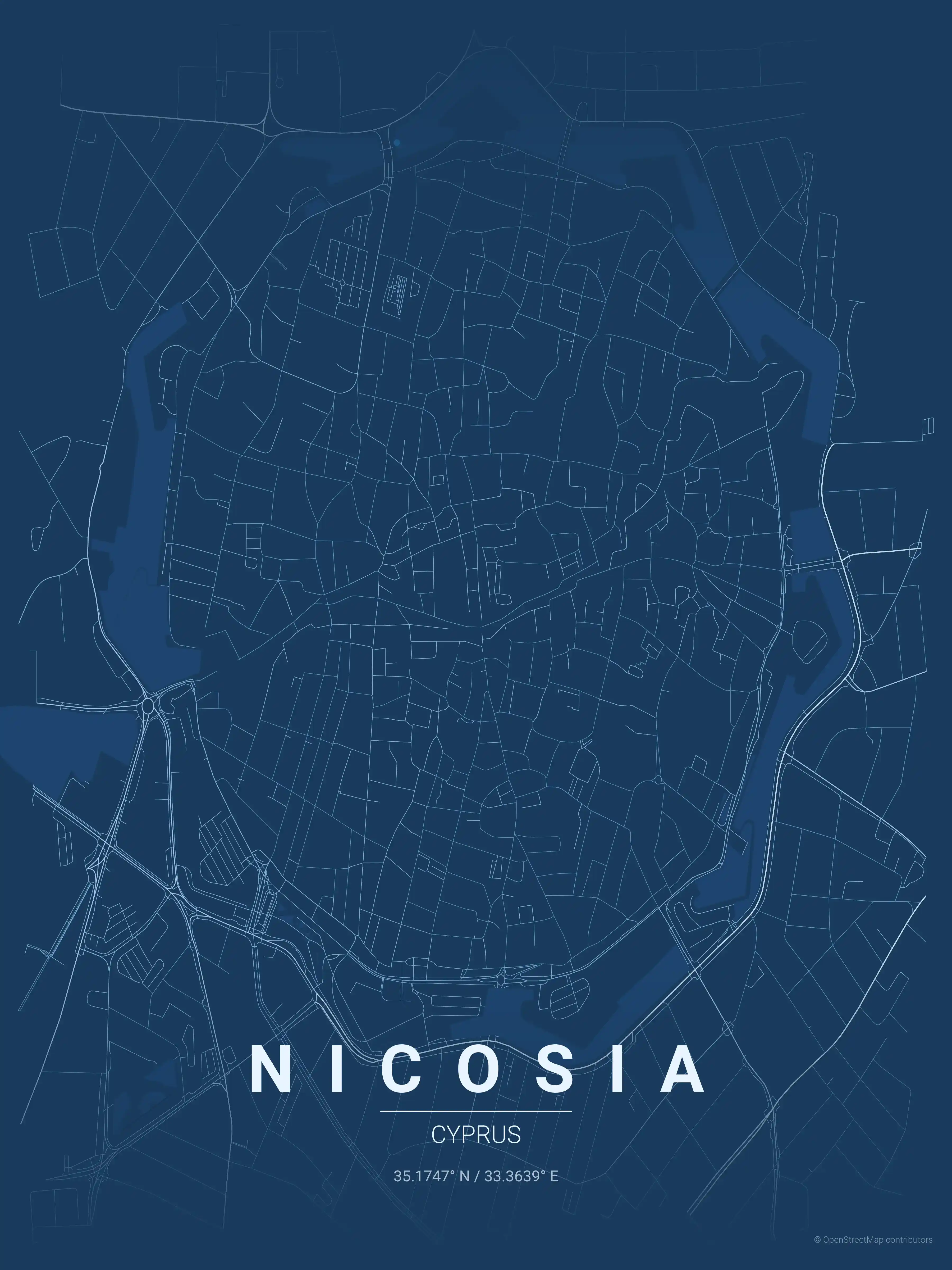 Minimalist blueprint street map of Nicosia, Cyprus - Urban grid art