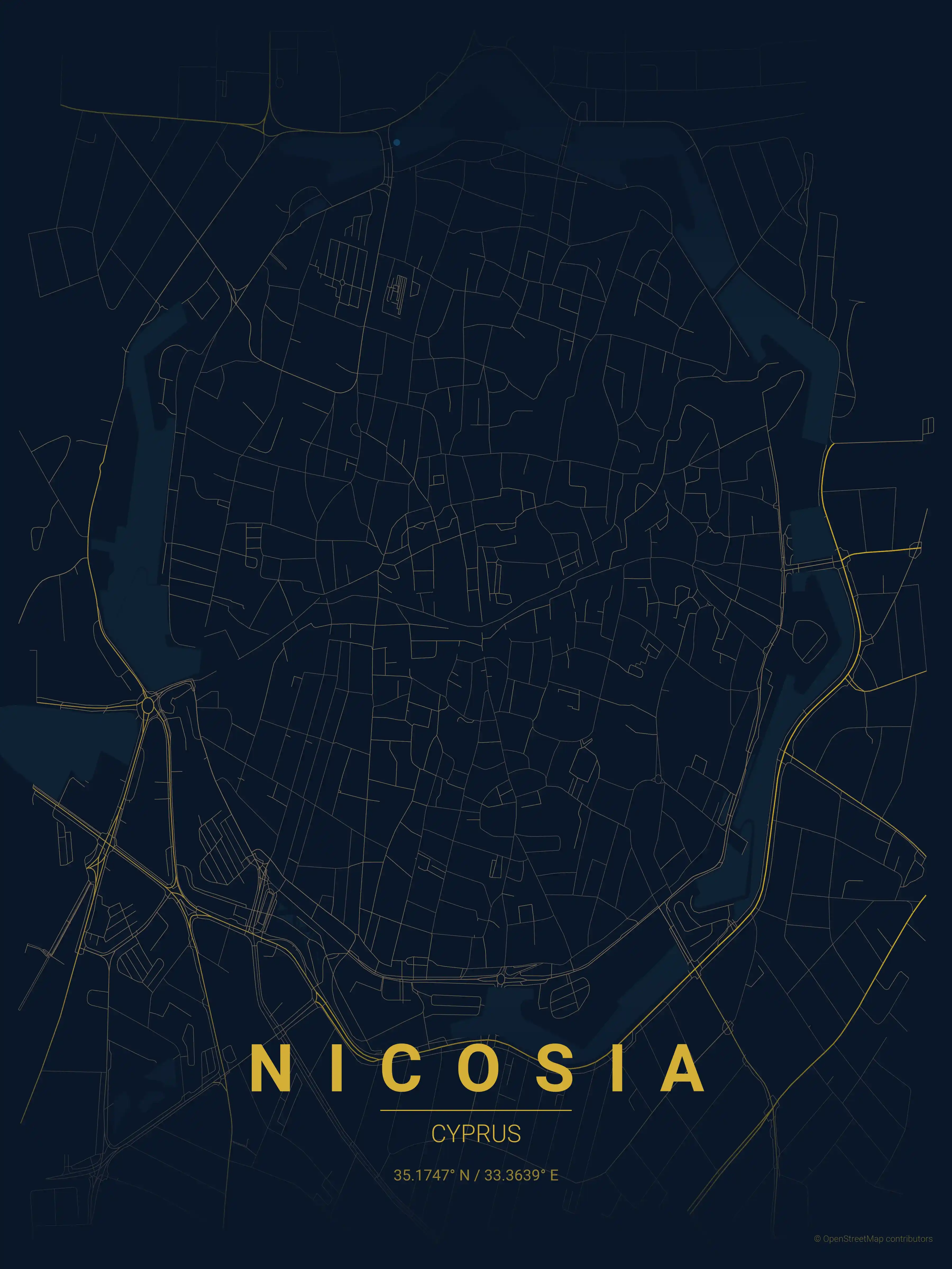 Minimalist midnight_blue street map of Nicosia, Cyprus - Urban grid art