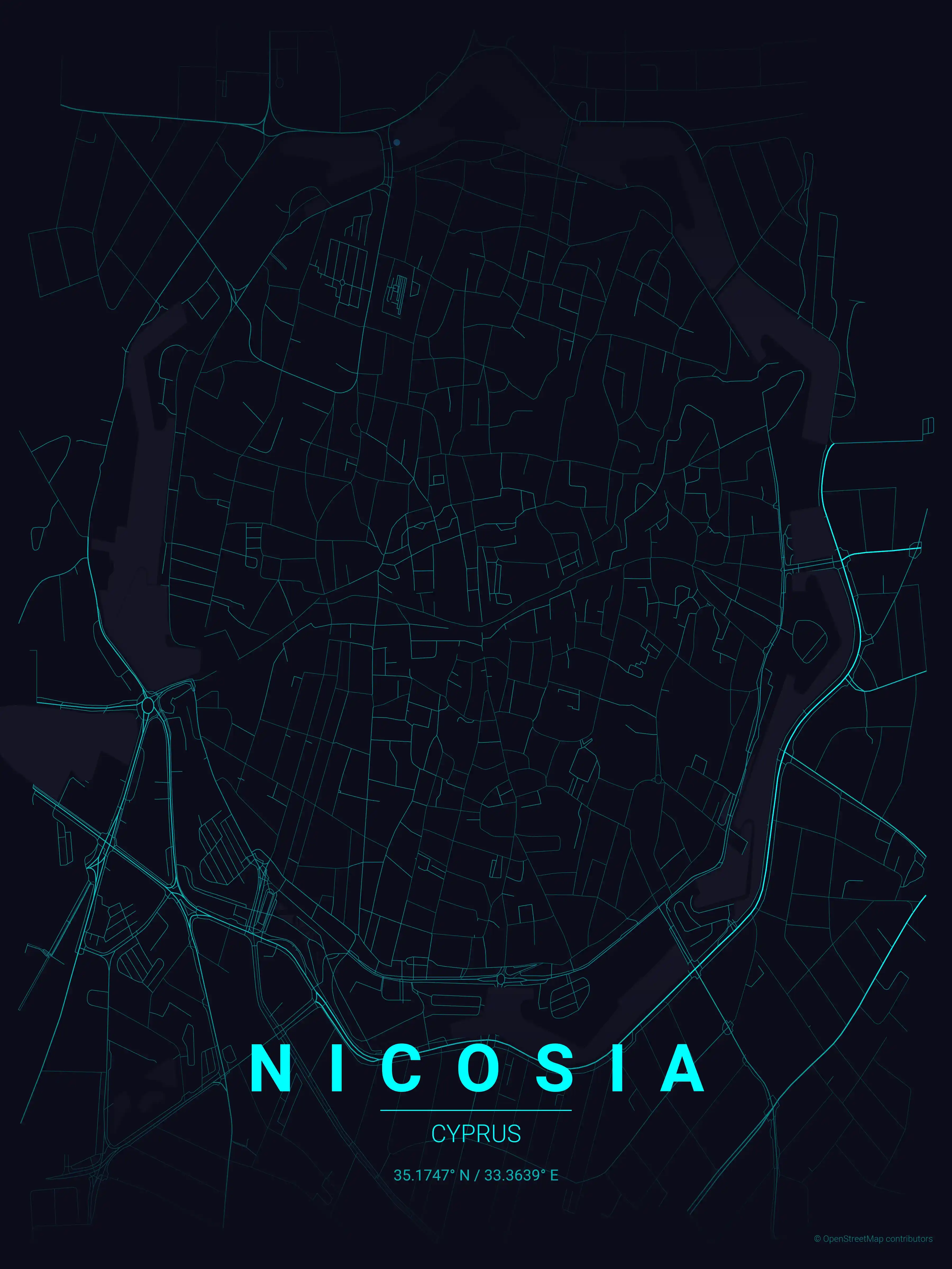 Minimalist neon_cyberpunk street map of Nicosia, Cyprus - Urban grid art