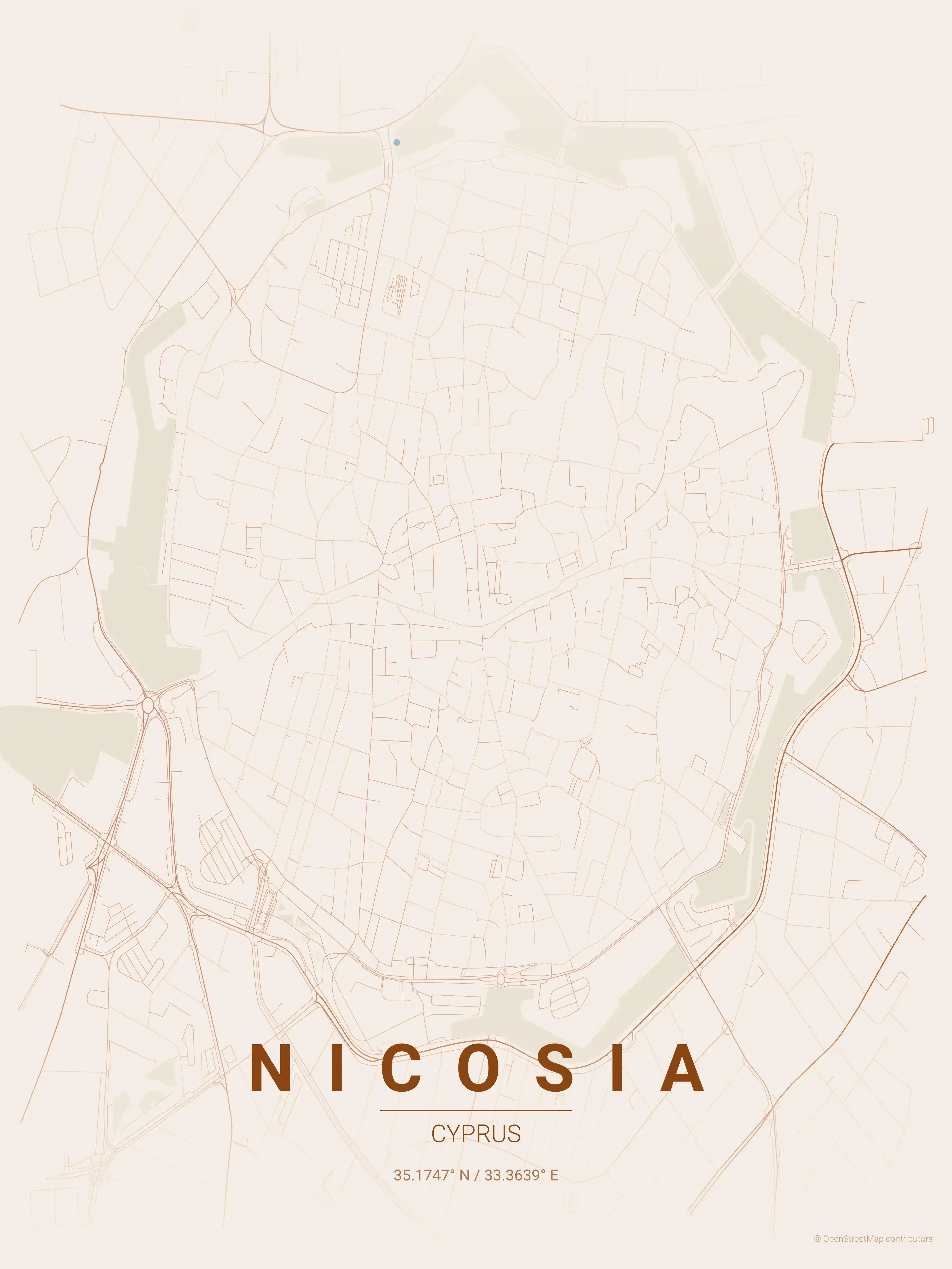 Minimalist terracotta street map of Nicosia, Cyprus - Urban grid art