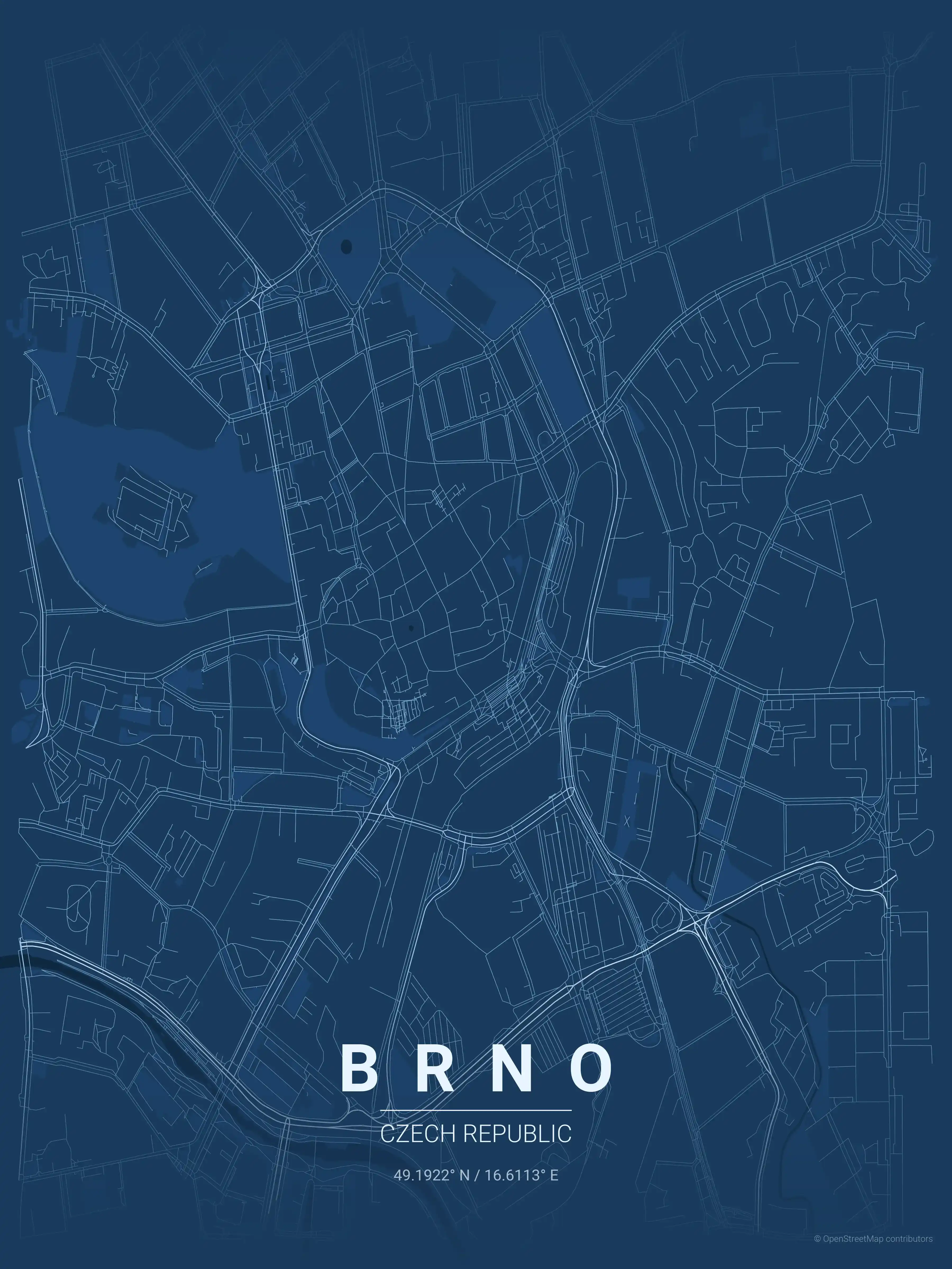 Minimalist blueprint street map of Brno, Czech Republic - Urban grid art