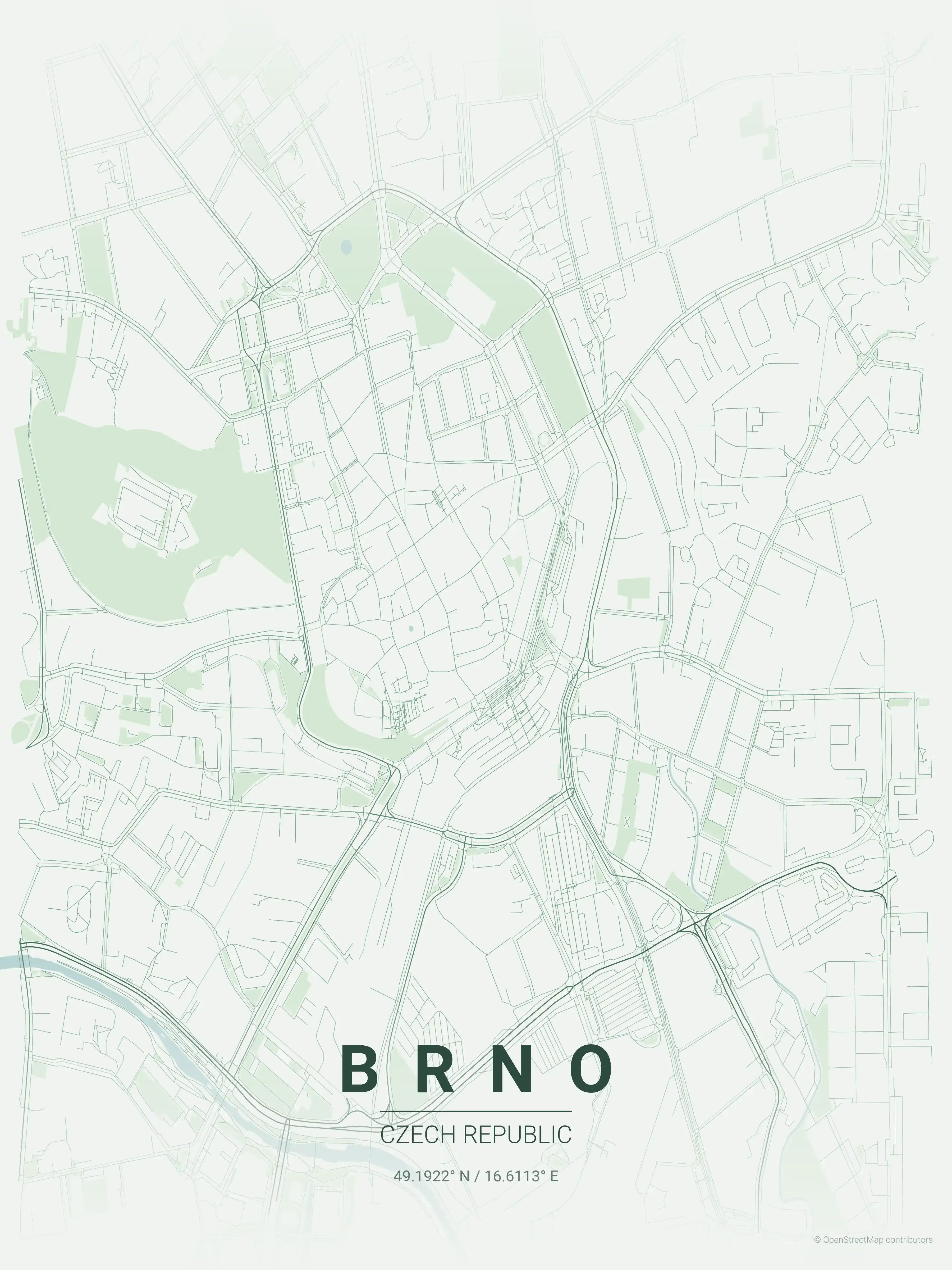 Minimalist forest street map of Brno, Czech Republic - Urban grid art