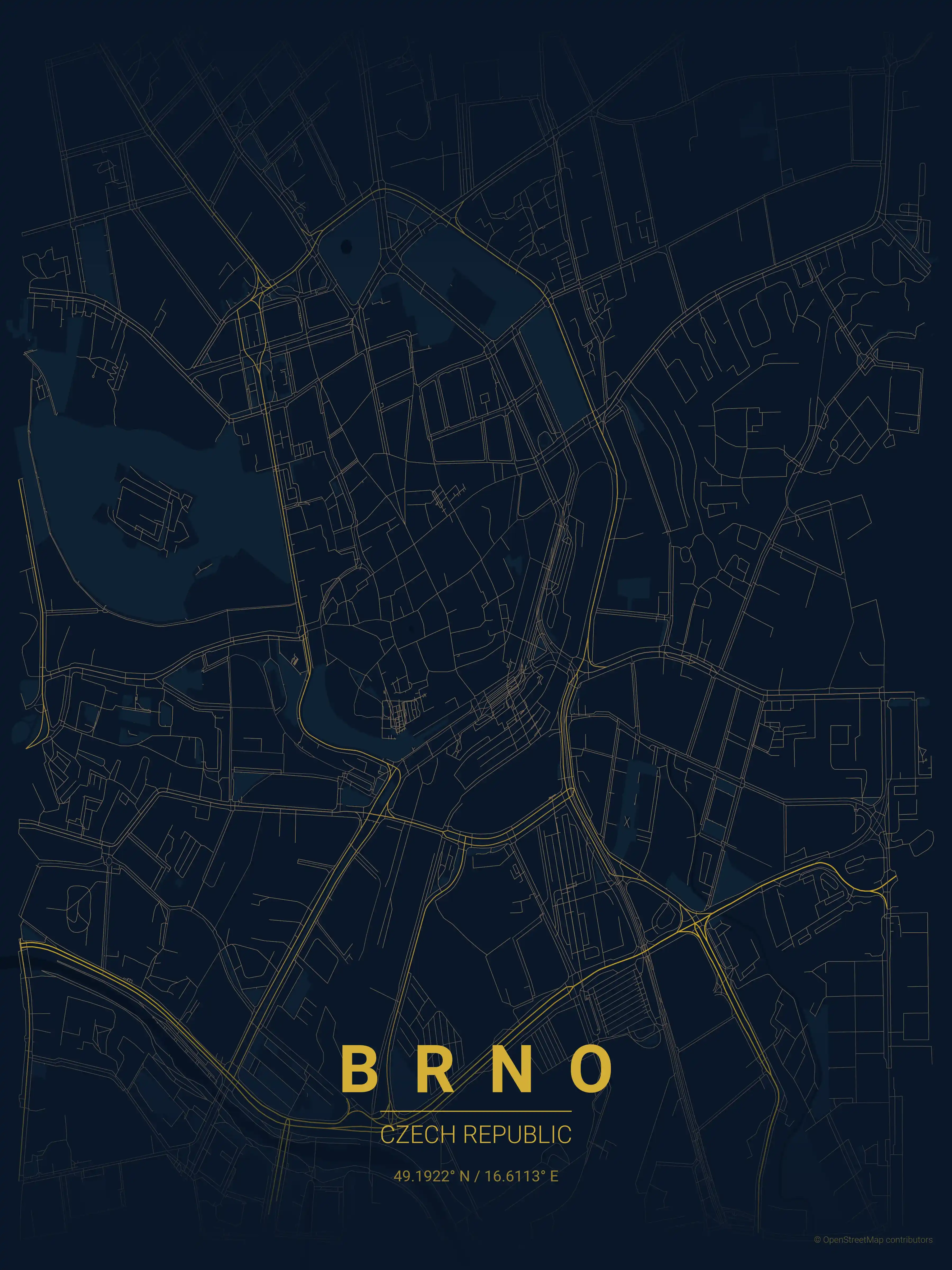 Minimalist midnight_blue street map of Brno, Czech Republic - Urban grid art