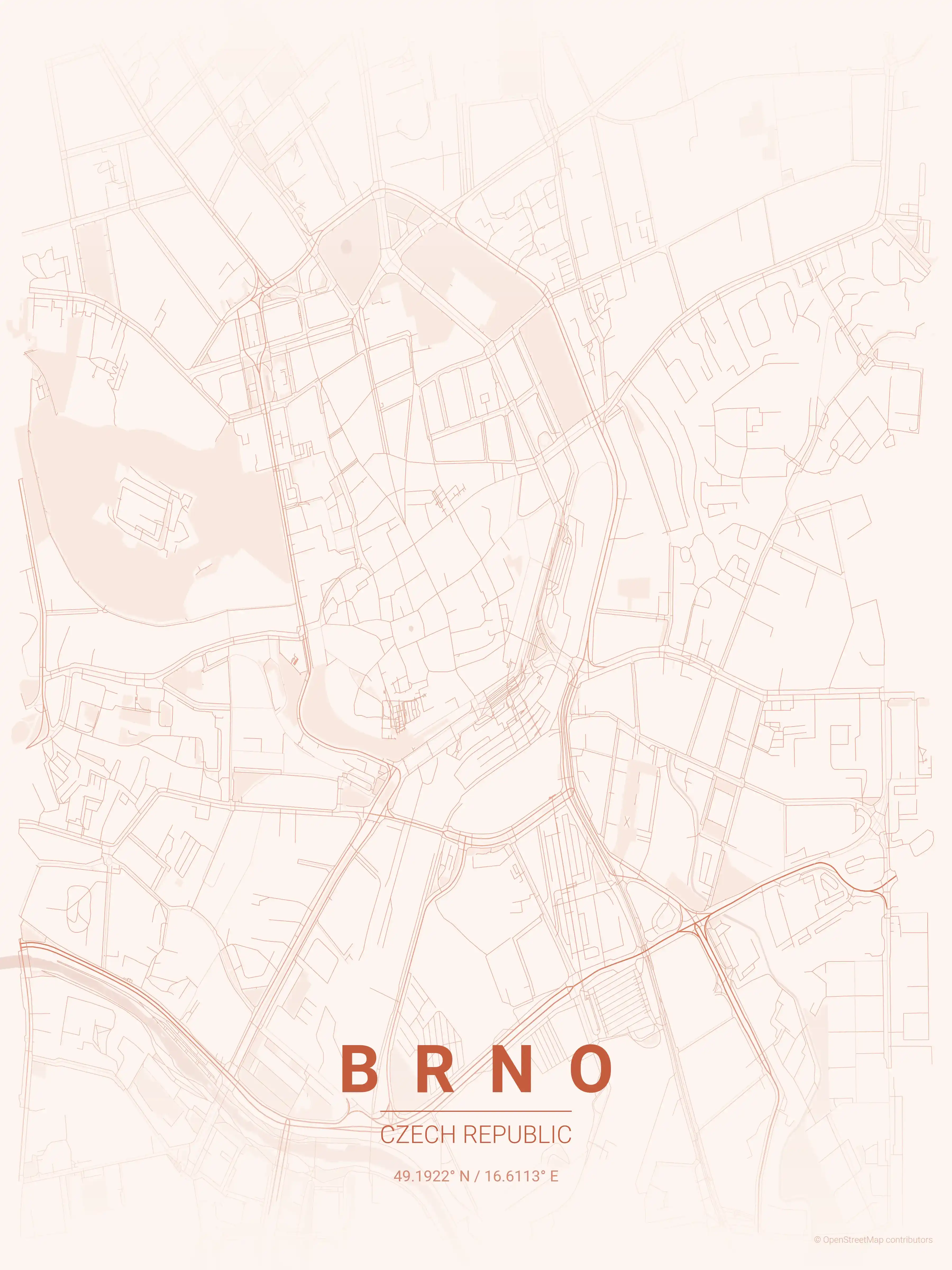 Minimalist sunset street map of Brno, Czech Republic - Urban grid art