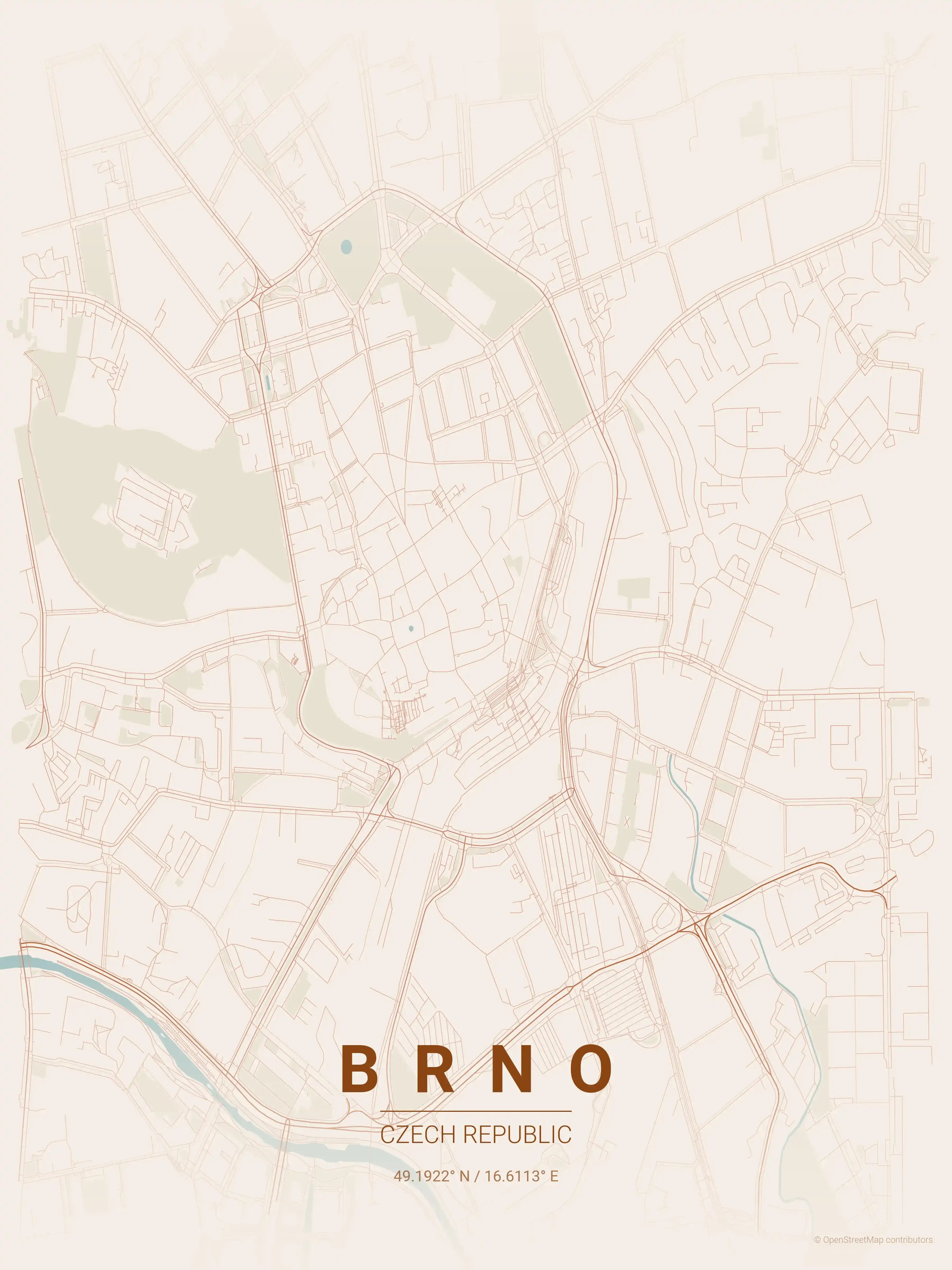 Minimalist terracotta street map of Brno, Czech Republic - Urban grid art