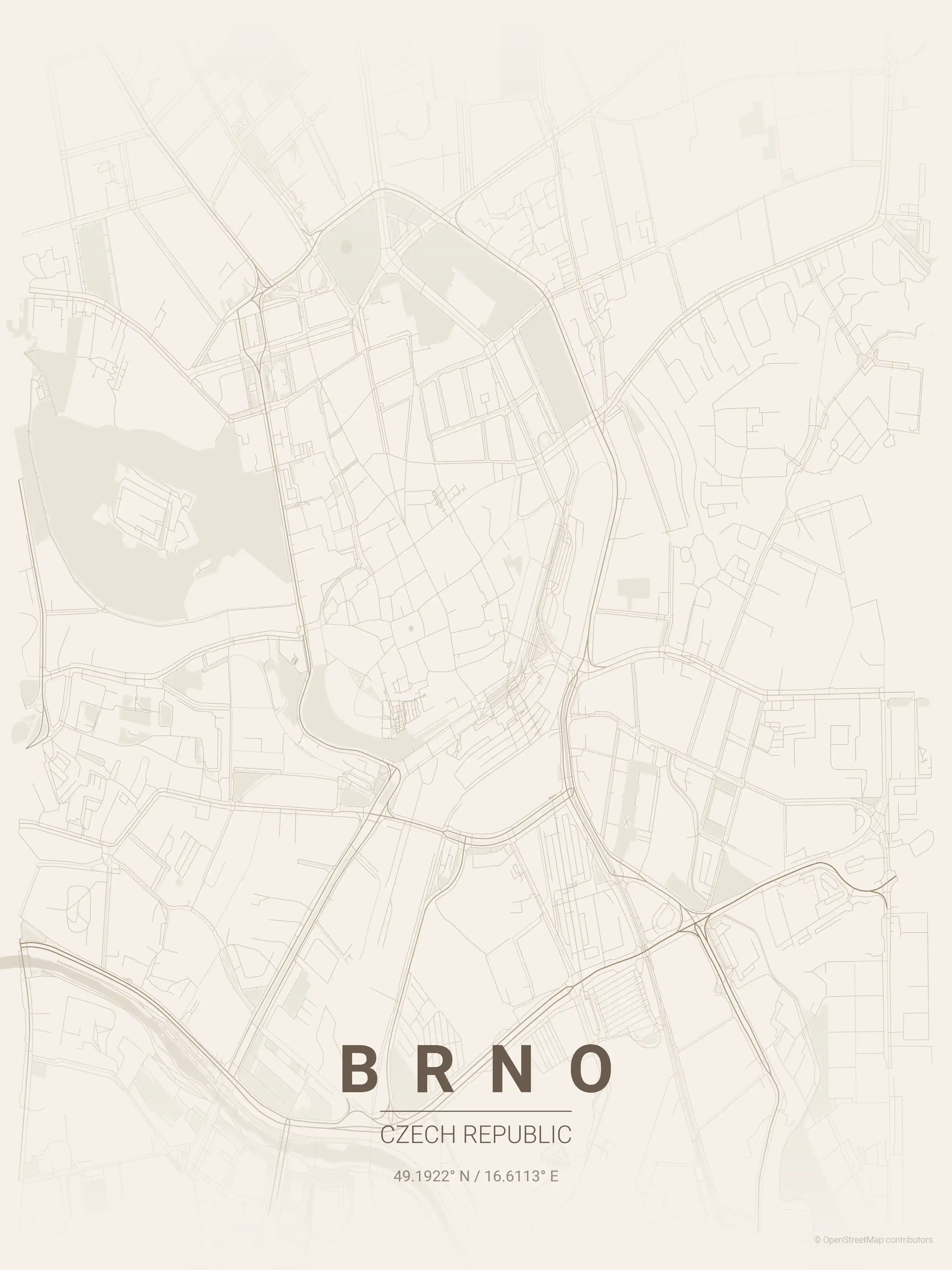 Minimalist warm_beige street map of Brno, Czech Republic - Urban grid art