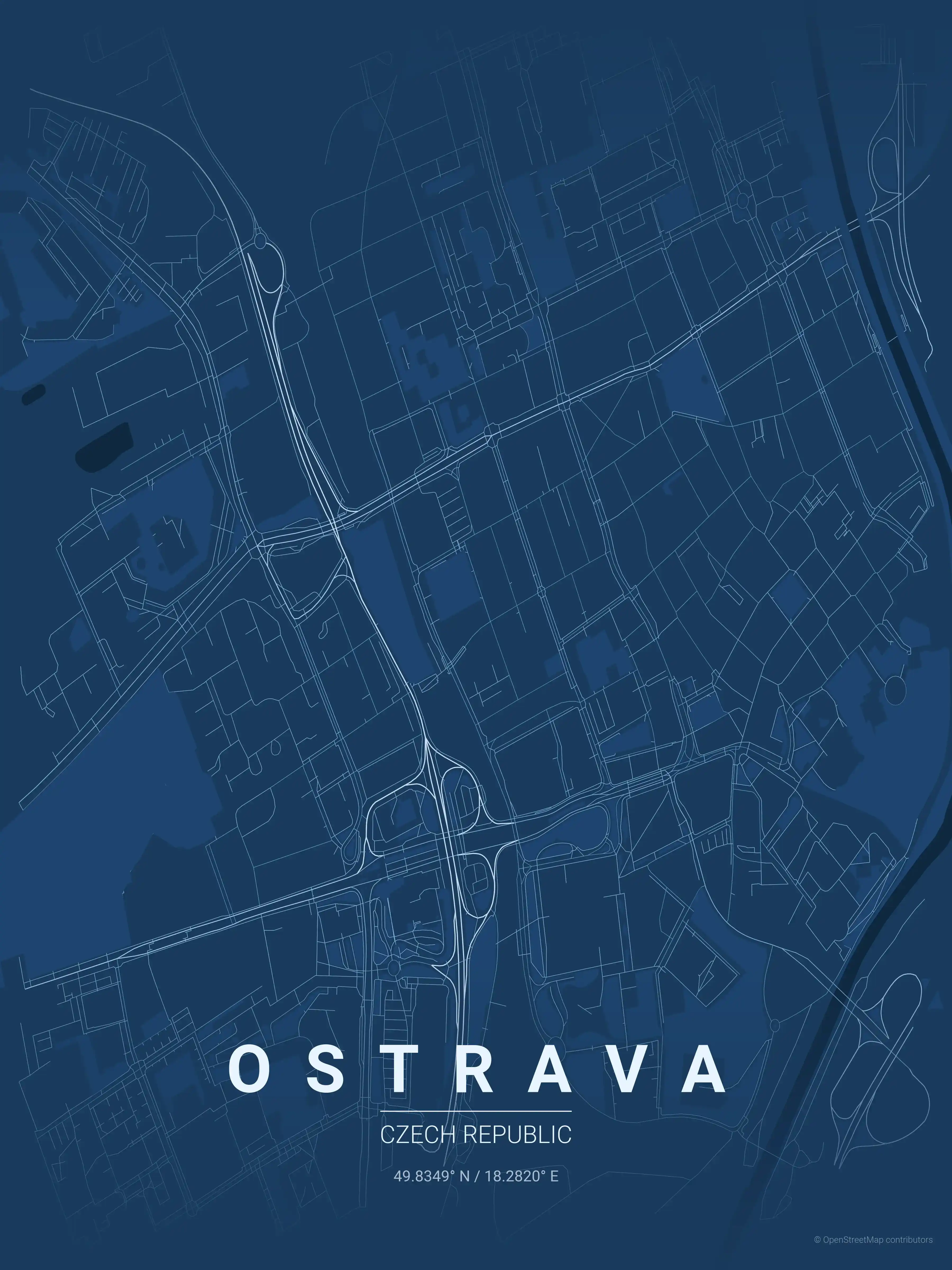 Minimalist blueprint street map of Ostrava, Czech Republic - Urban grid art