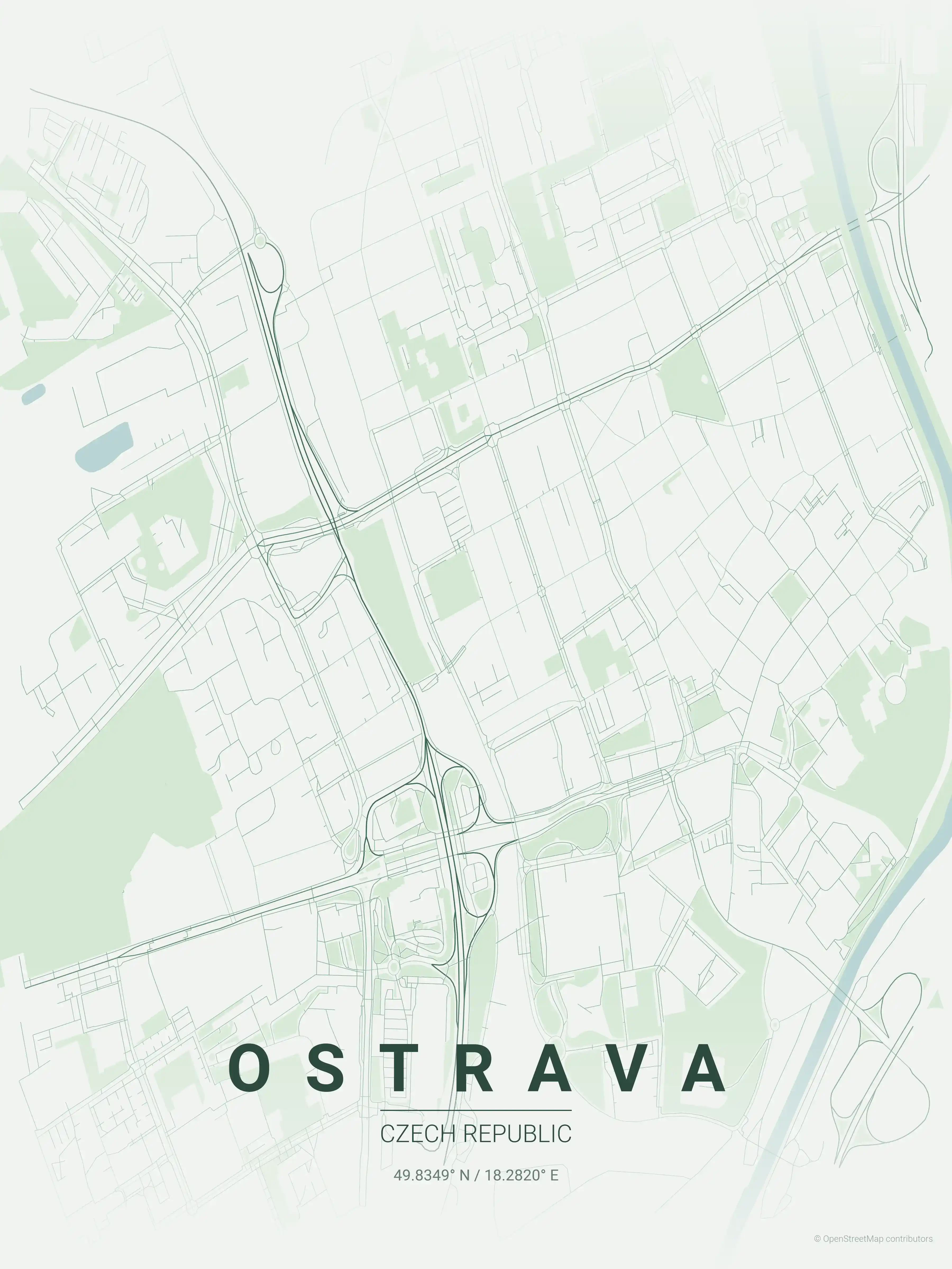 Minimalist forest street map of Ostrava, Czech Republic - Urban grid art