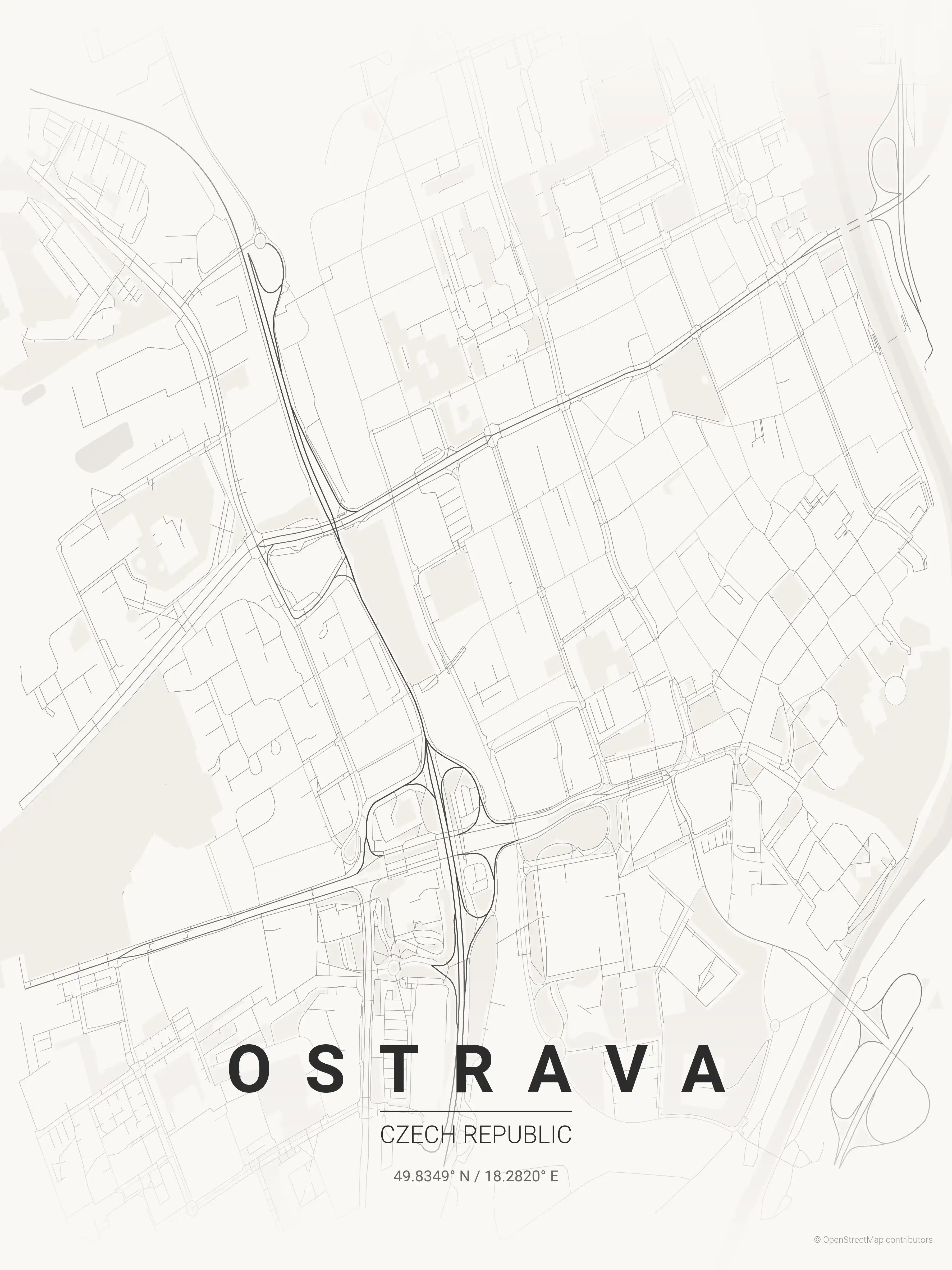 Minimalist japanese_ink street map of Ostrava, Czech Republic - Urban grid art