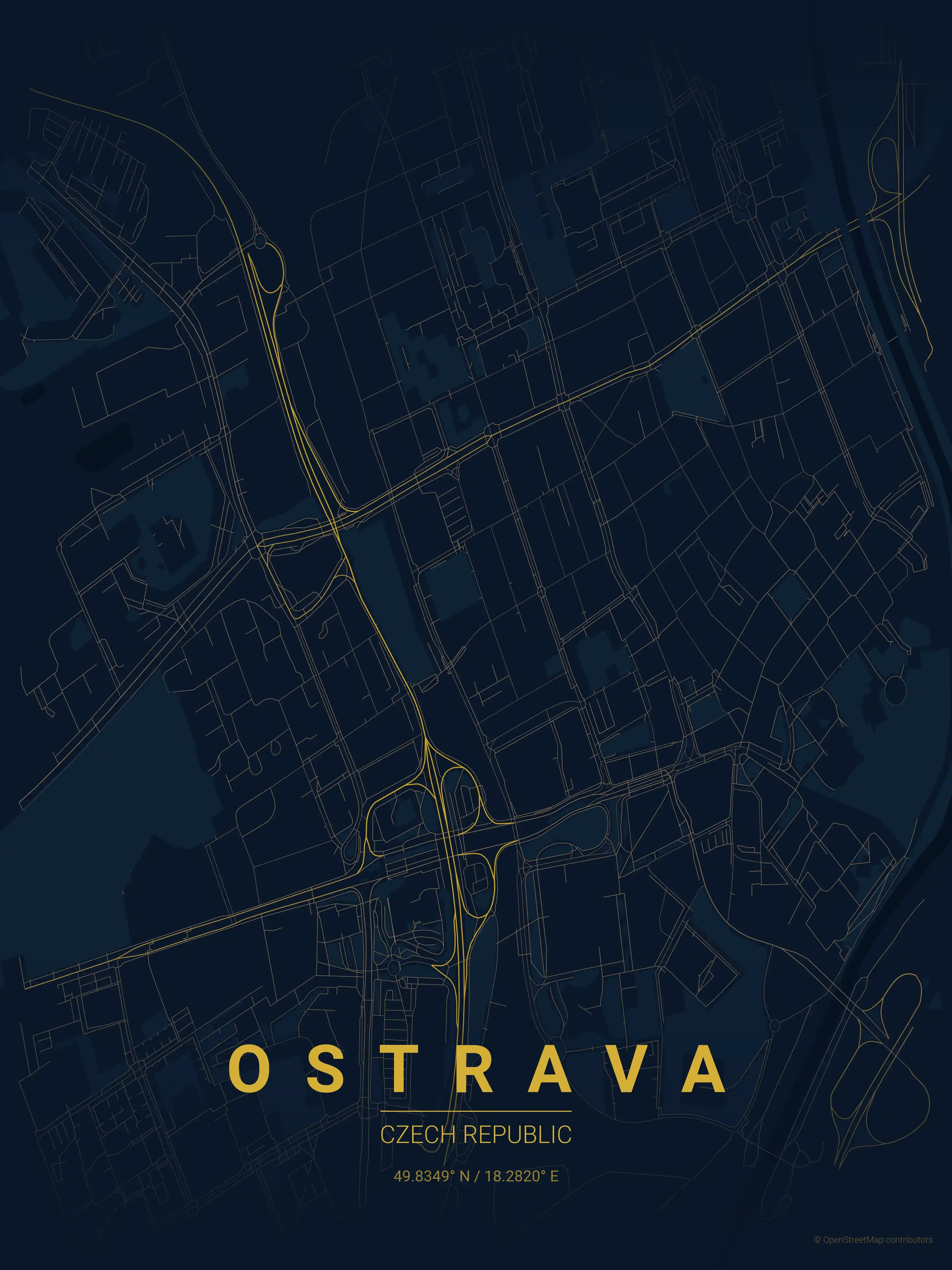 Minimalist midnight_blue street map of Ostrava, Czech Republic - Urban grid art