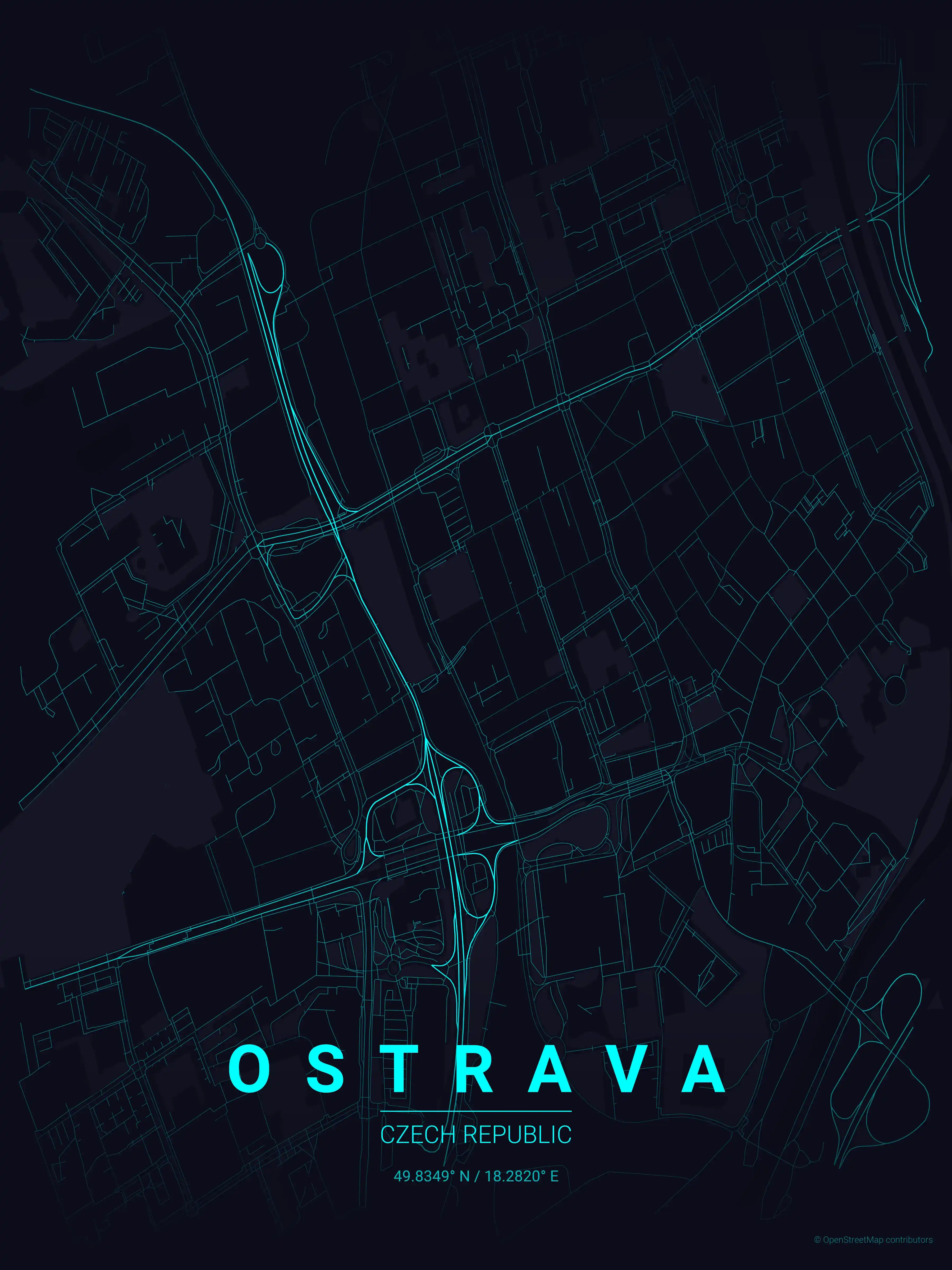 Minimalist neon_cyberpunk street map of Ostrava, Czech Republic - Urban grid art