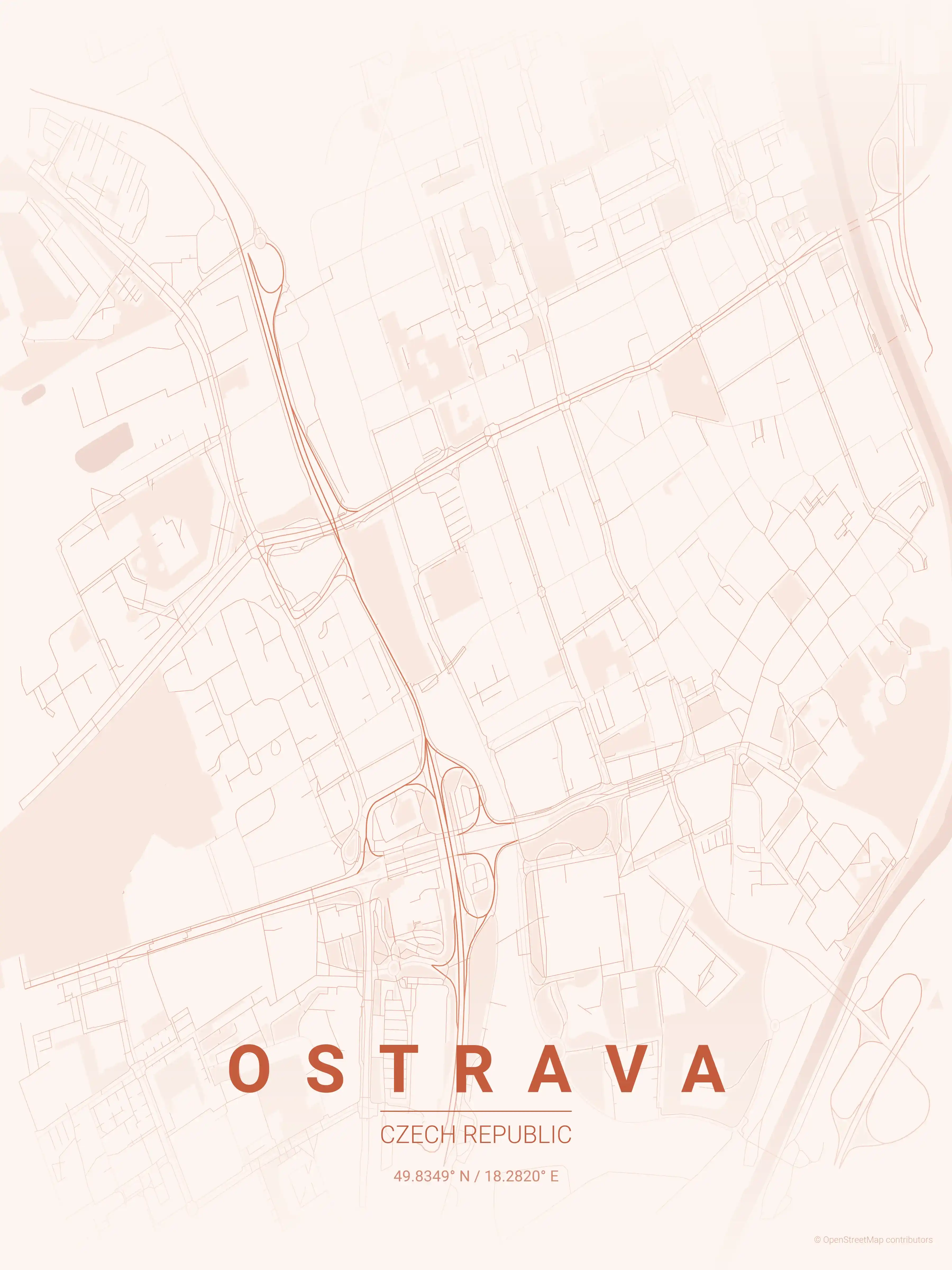 Minimalist sunset street map of Ostrava, Czech Republic - Urban grid art