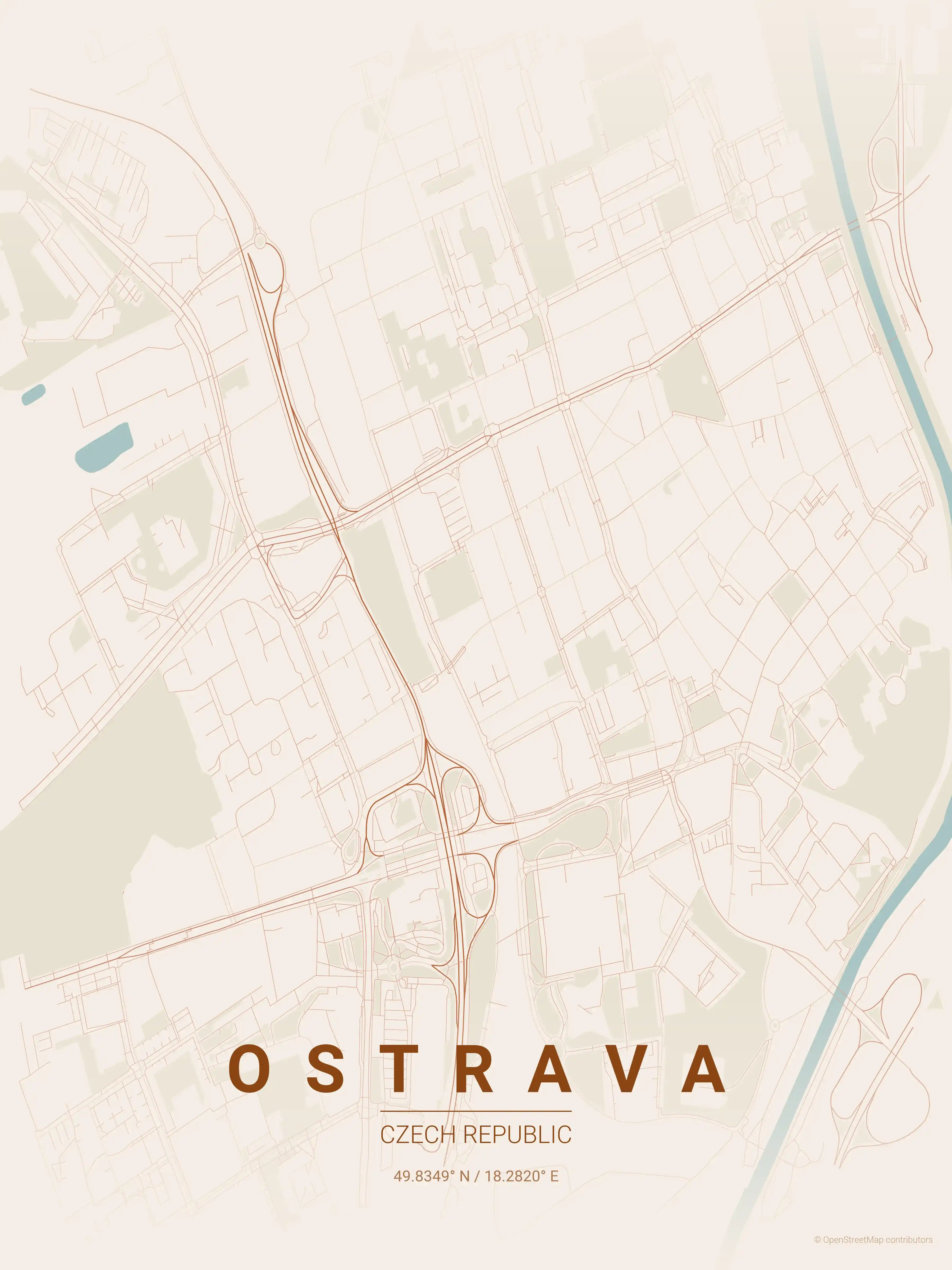 Minimalist terracotta street map of Ostrava, Czech Republic - Urban grid art