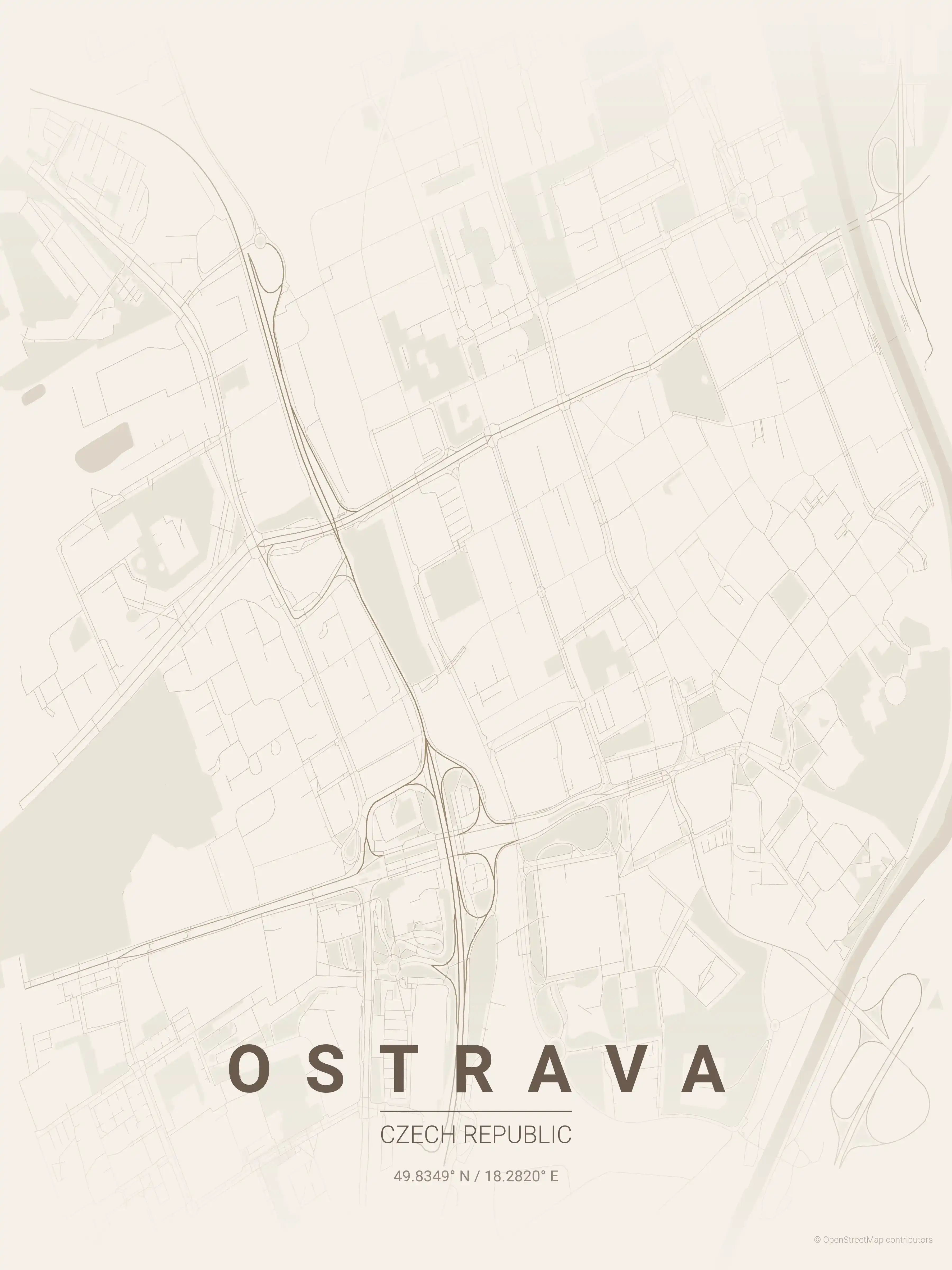 Minimalist warm_beige street map of Ostrava, Czech Republic - Urban grid art