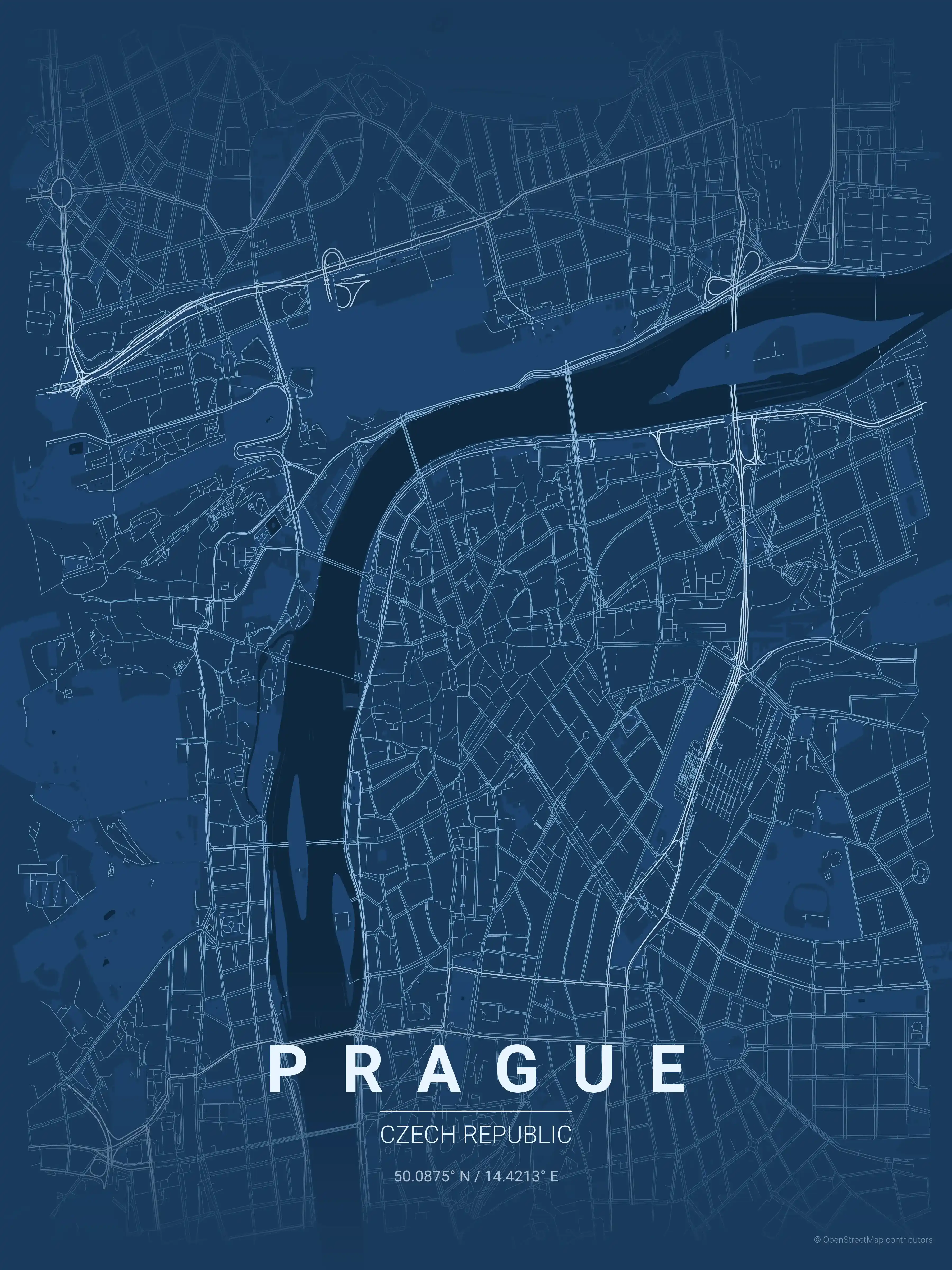 Minimalist blueprint street map of Prague, Czech Republic - Urban grid art