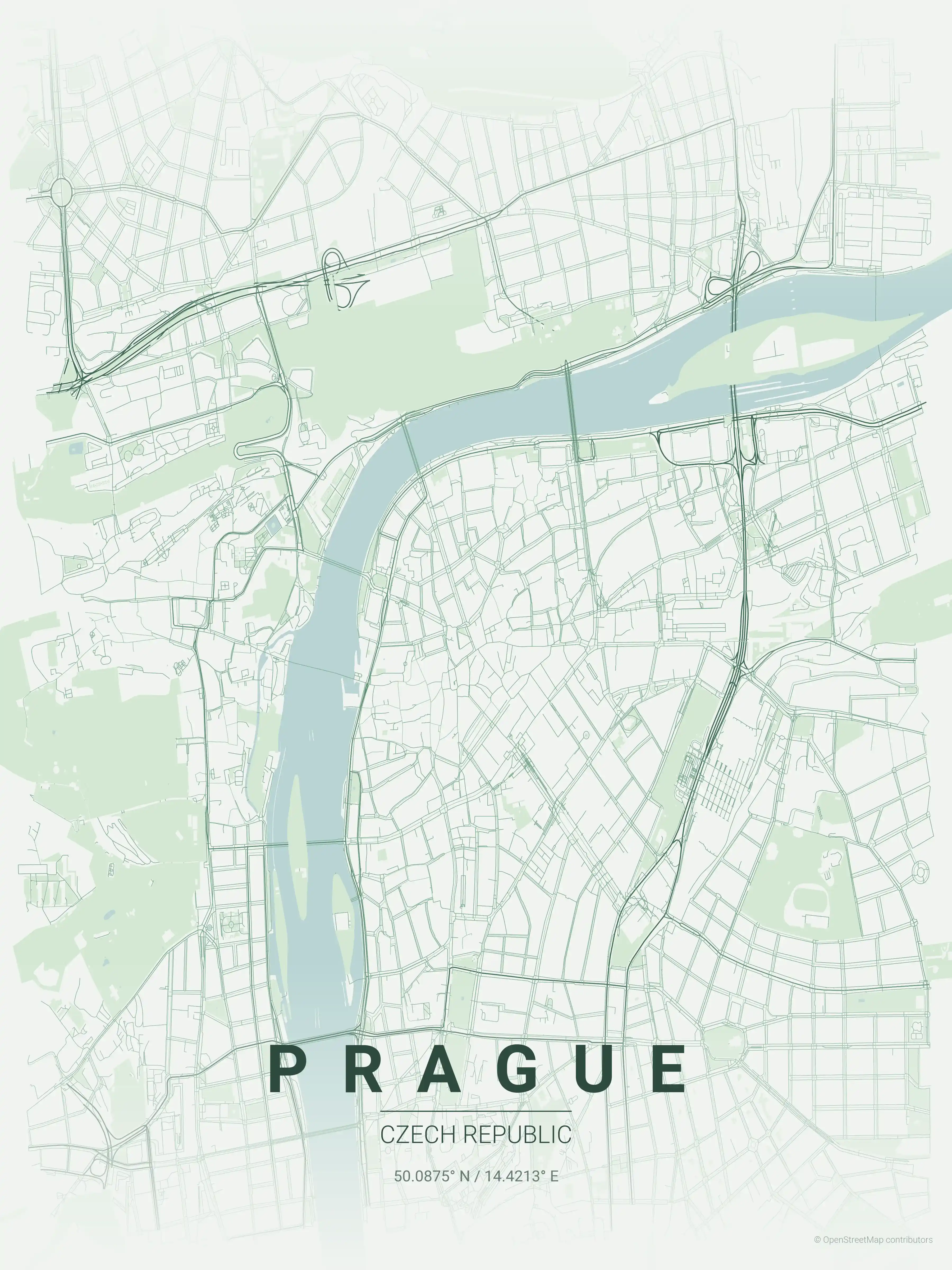 Minimalist forest street map of Prague, Czech Republic - Urban grid art