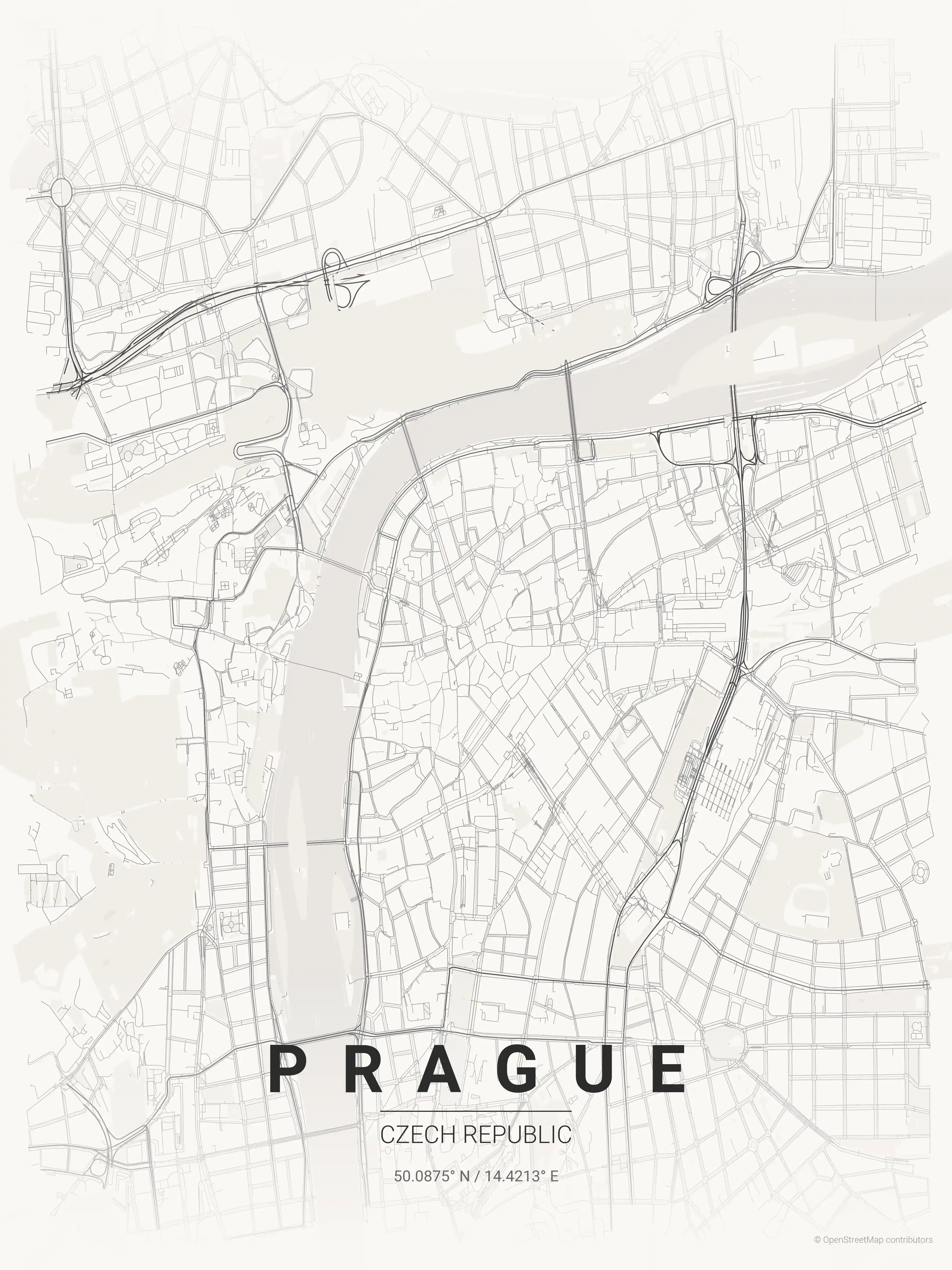 Minimalist japanese_ink street map of Prague, Czech Republic - Urban grid art
