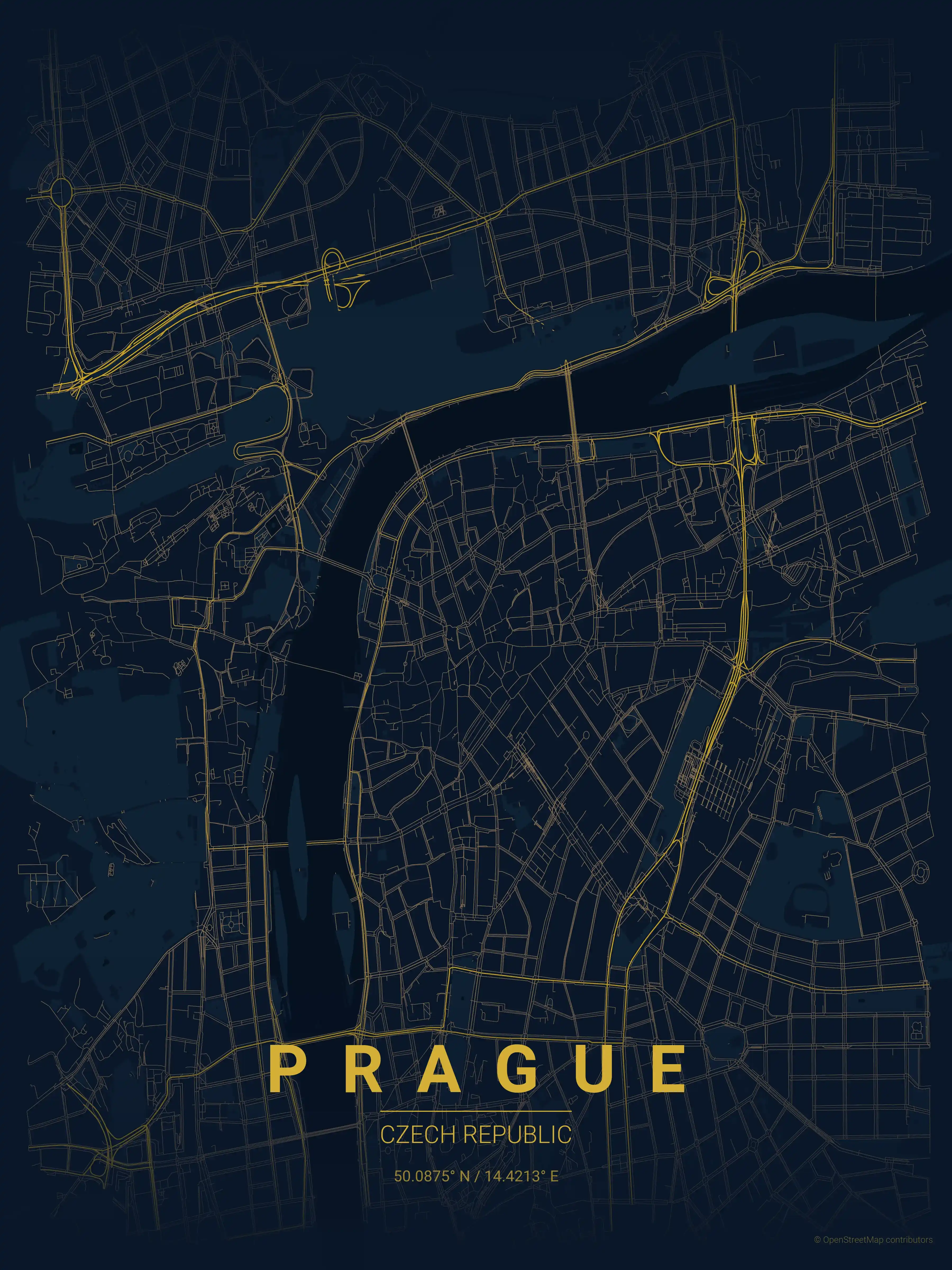 Minimalist midnight_blue street map of Prague, Czech Republic - Urban grid art