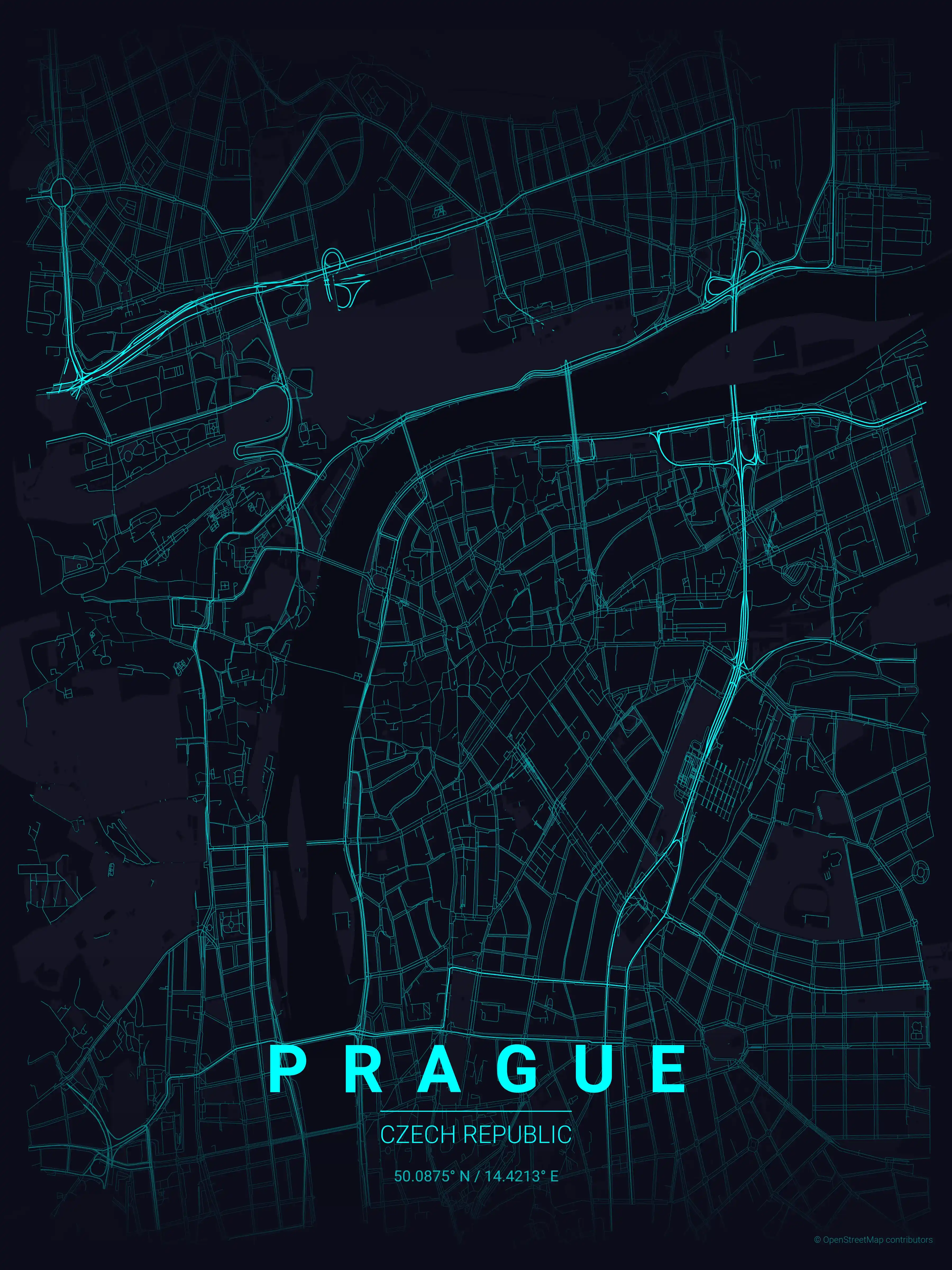 Minimalist neon_cyberpunk street map of Prague, Czech Republic - Urban grid art