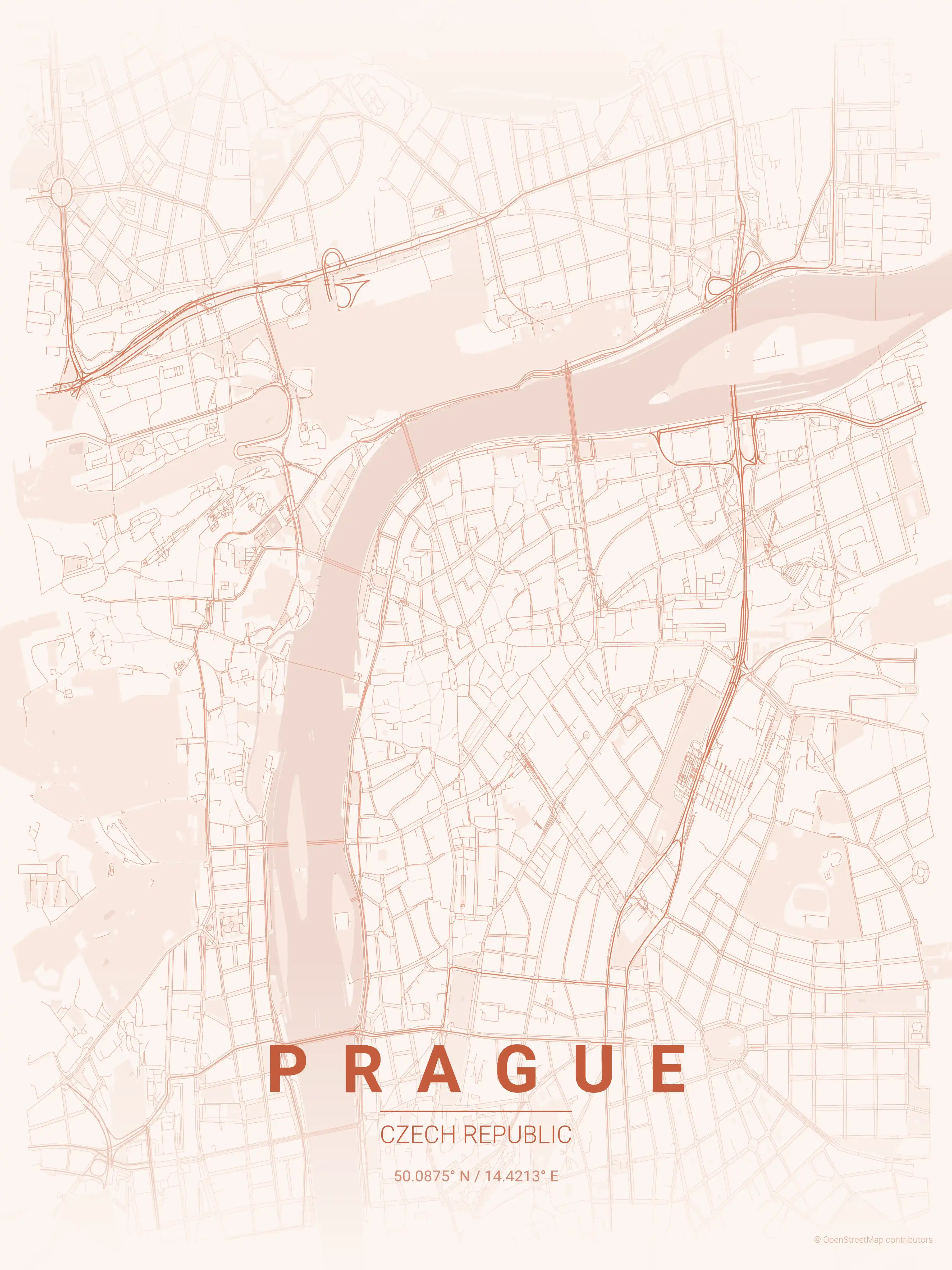 Minimalist sunset street map of Prague, Czech Republic - Urban grid art