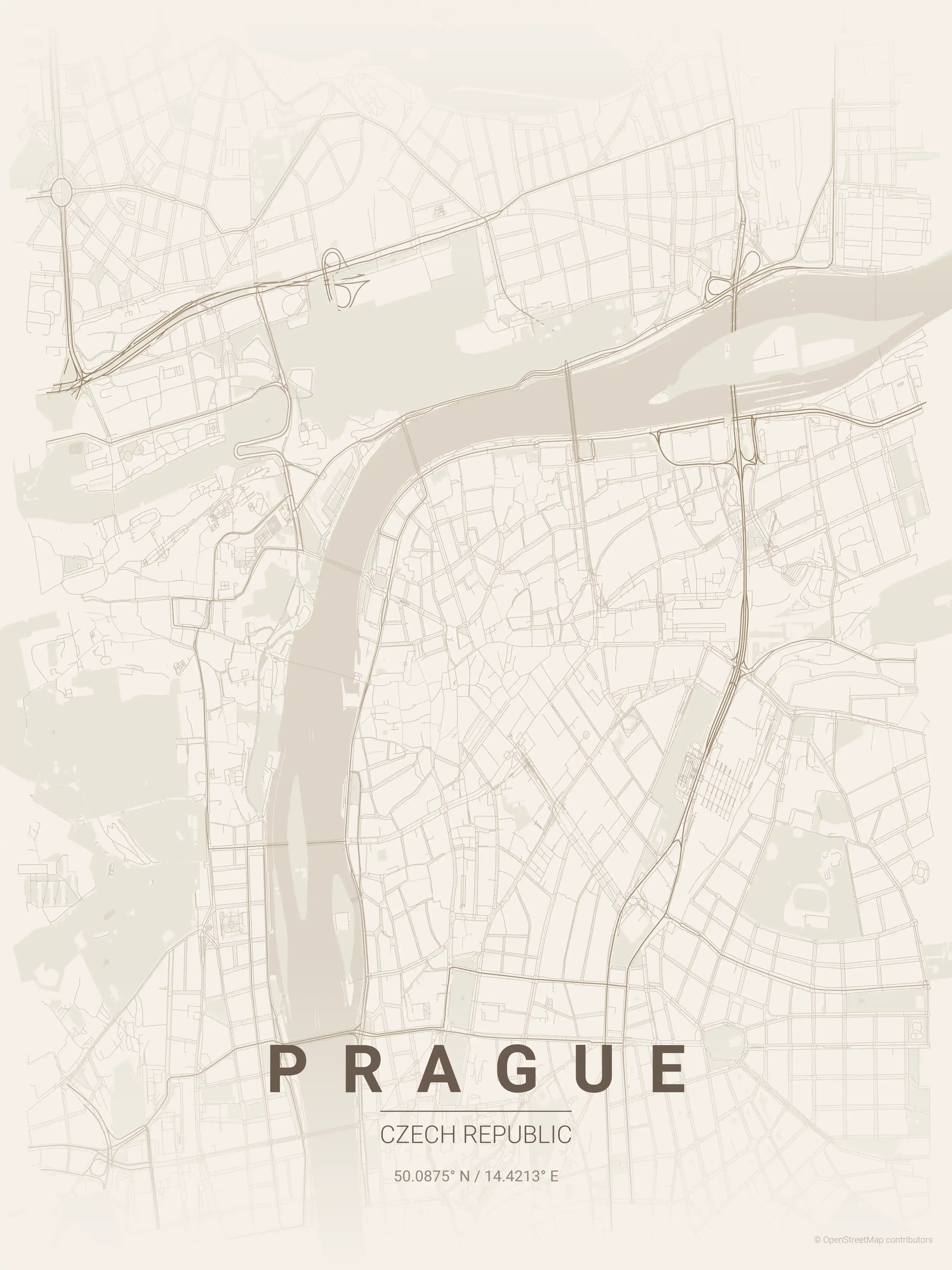 Minimalist warm_beige street map of Prague, Czech Republic - Urban grid art