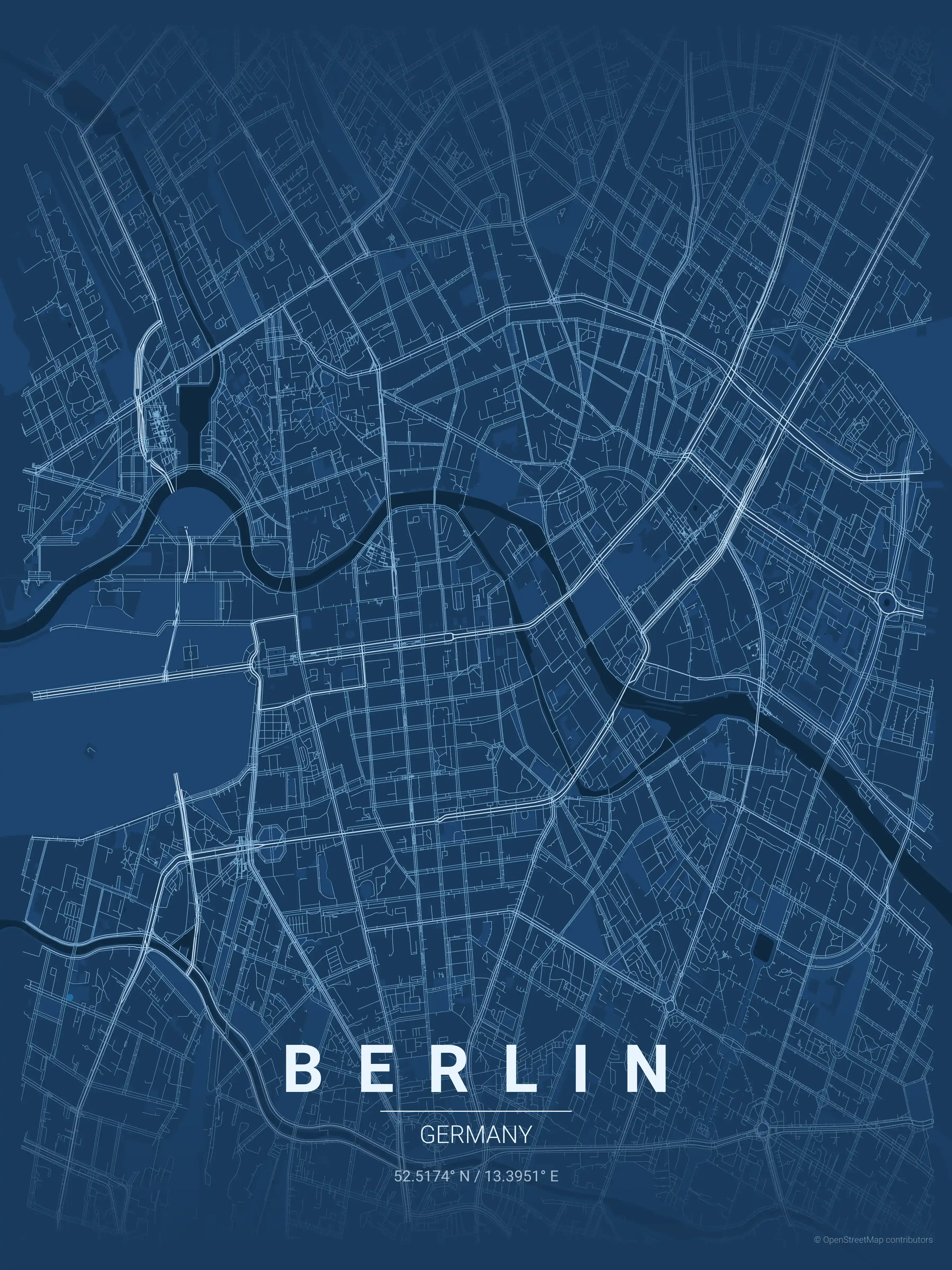 Minimalist blueprint street map of Berlin, Germany - Urban grid art