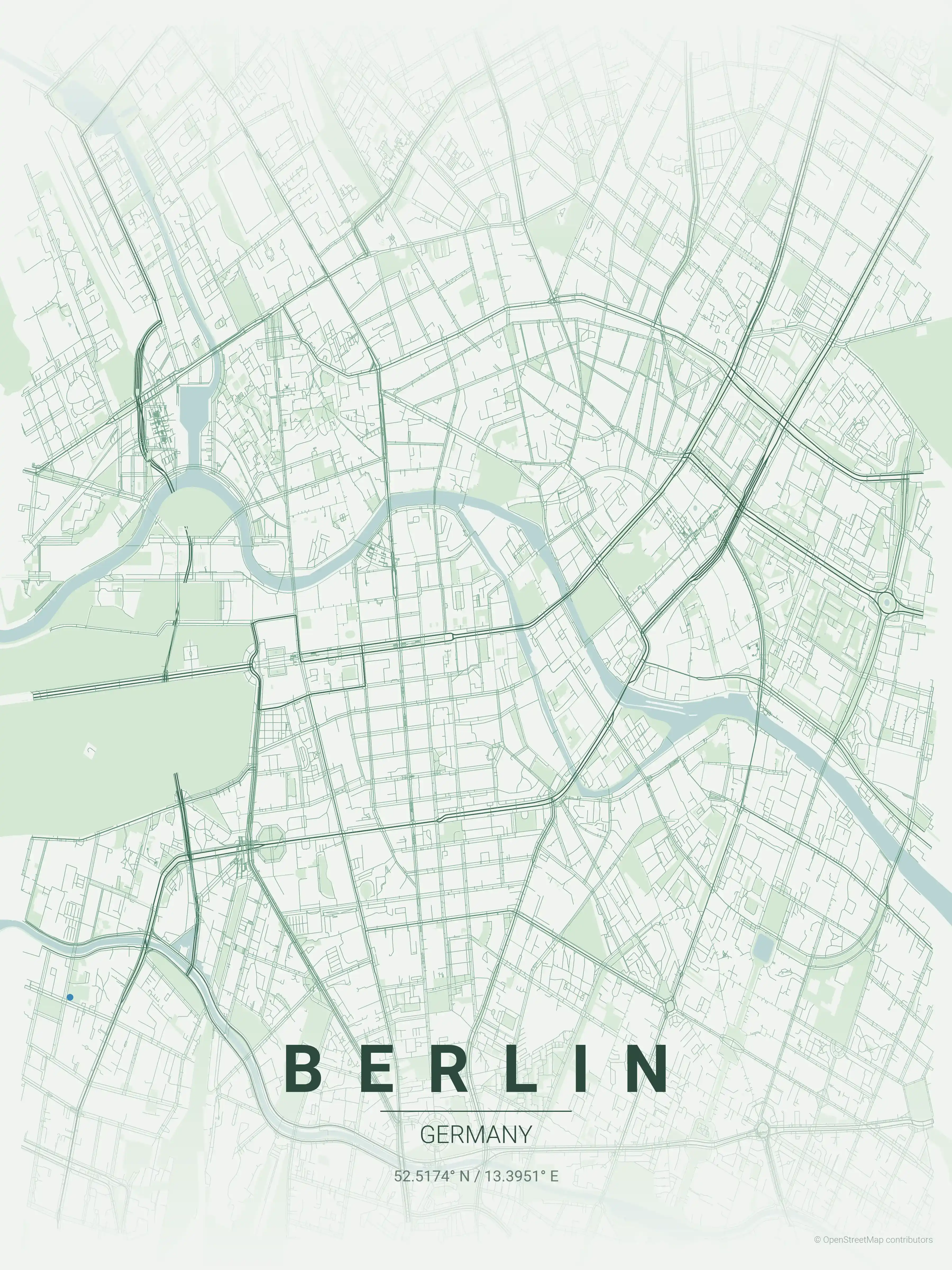 Minimalist forest street map of Berlin, Germany - Urban grid art
