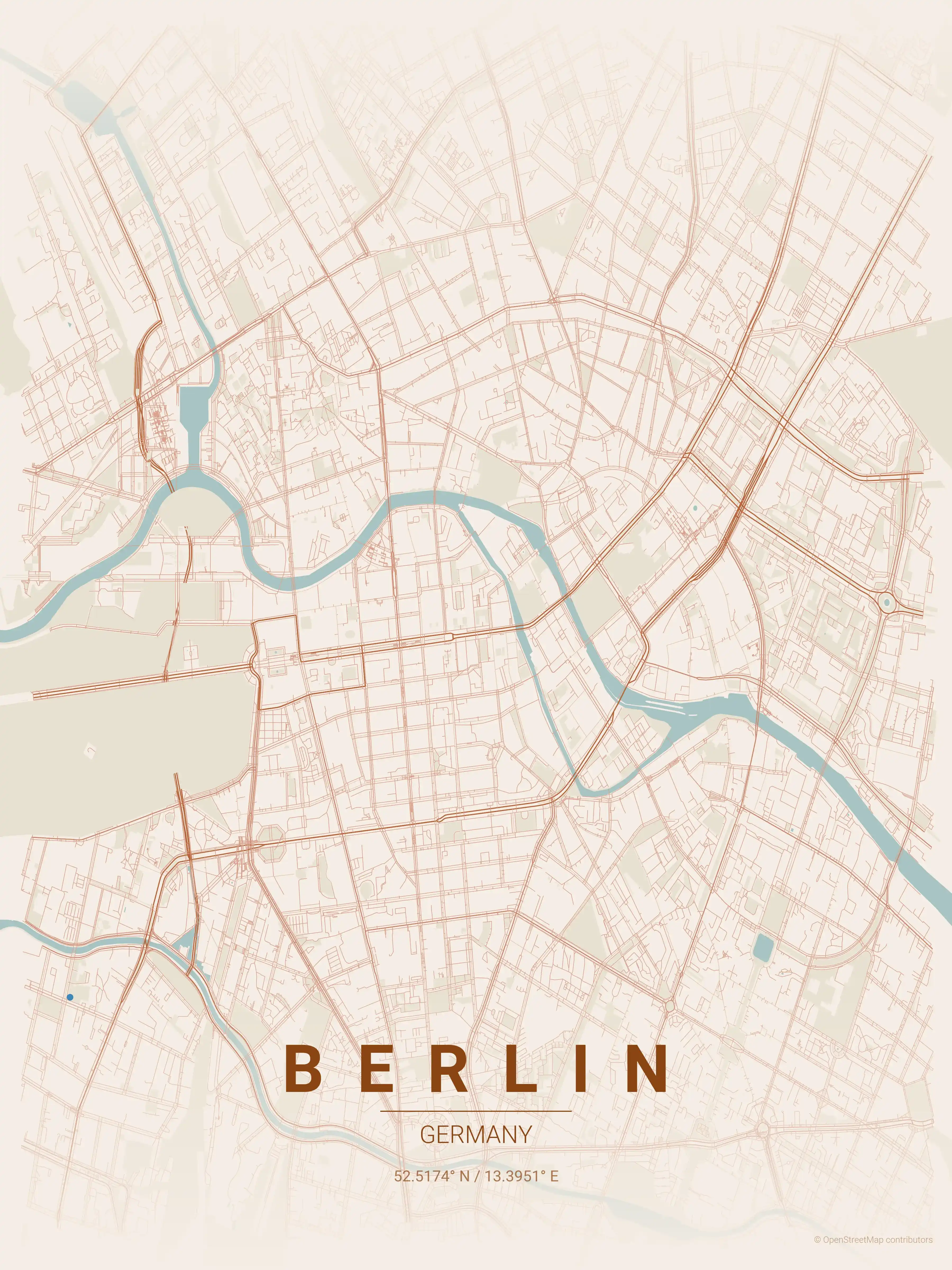 Minimalist terracotta street map of Berlin, Germany - Urban grid art