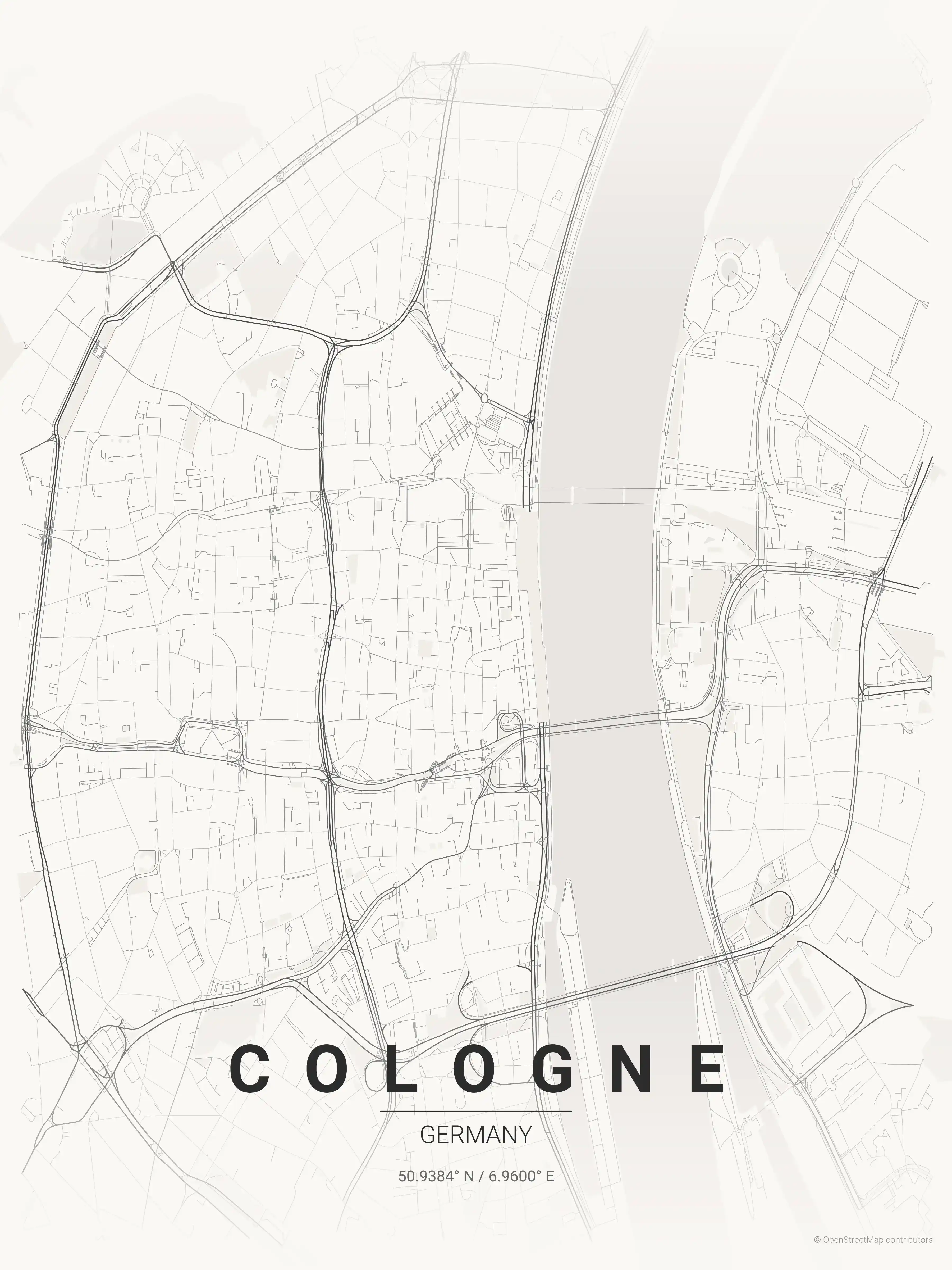 Minimalist japanese_ink street map of Cologne, Germany - Urban grid art