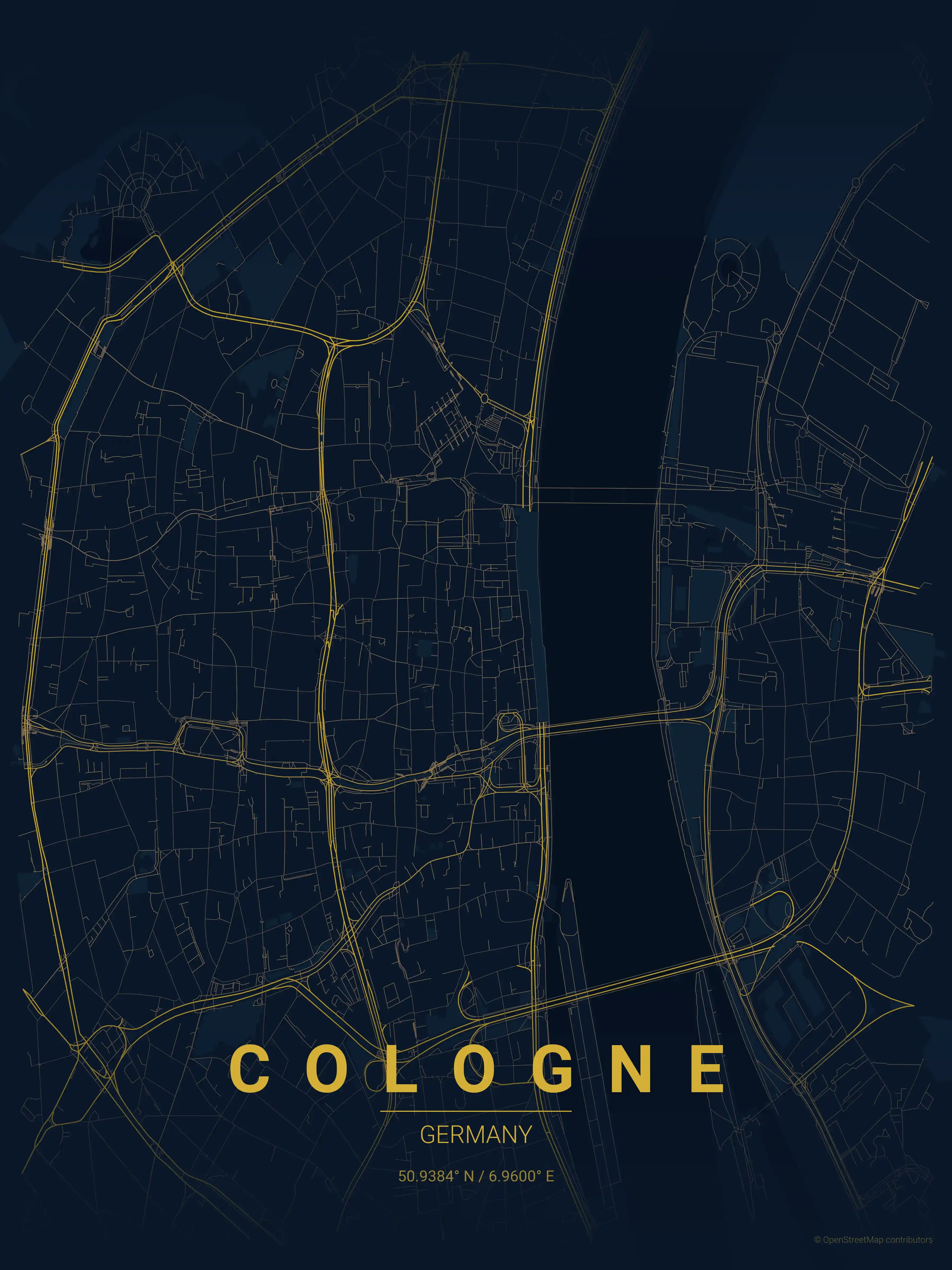 Minimalist midnight_blue street map of Cologne, Germany - Urban grid art