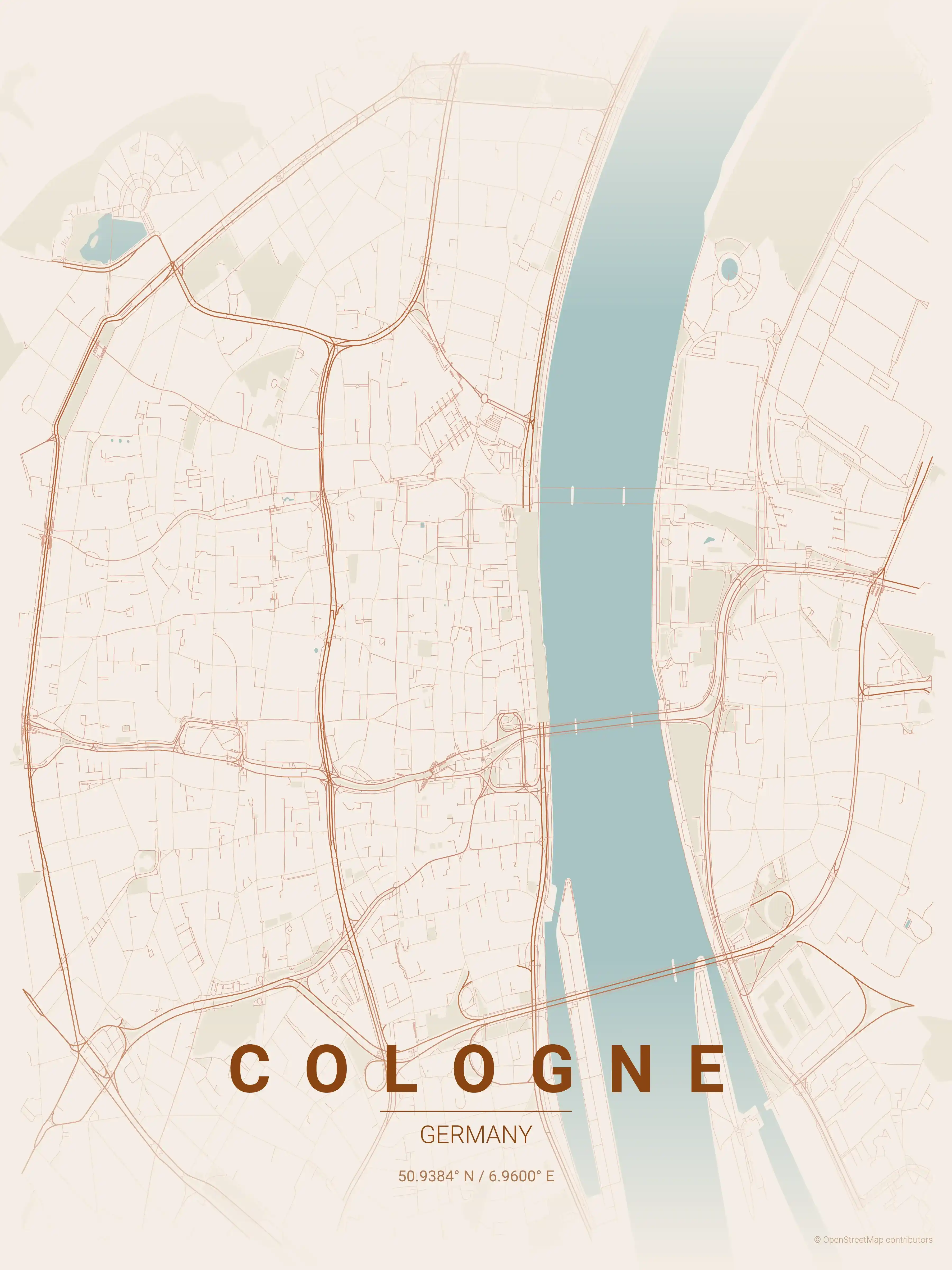 Minimalist terracotta street map of Cologne, Germany - Urban grid art
